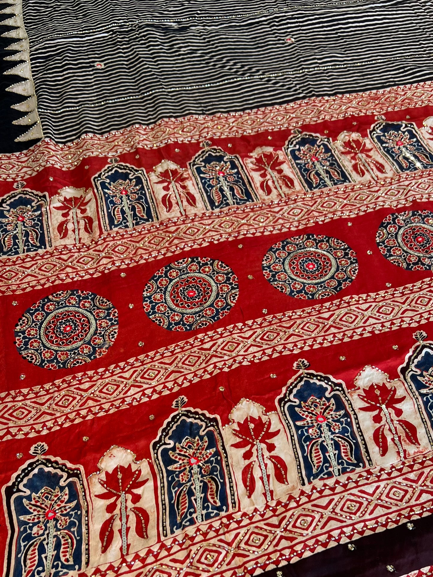 Heritage Stripes - Pure Modal Ajrakh Hand Embroidered Saree