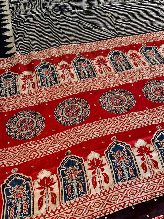Heritage Stripes - Pure Modal Ajrakh Hand Embroidered Saree