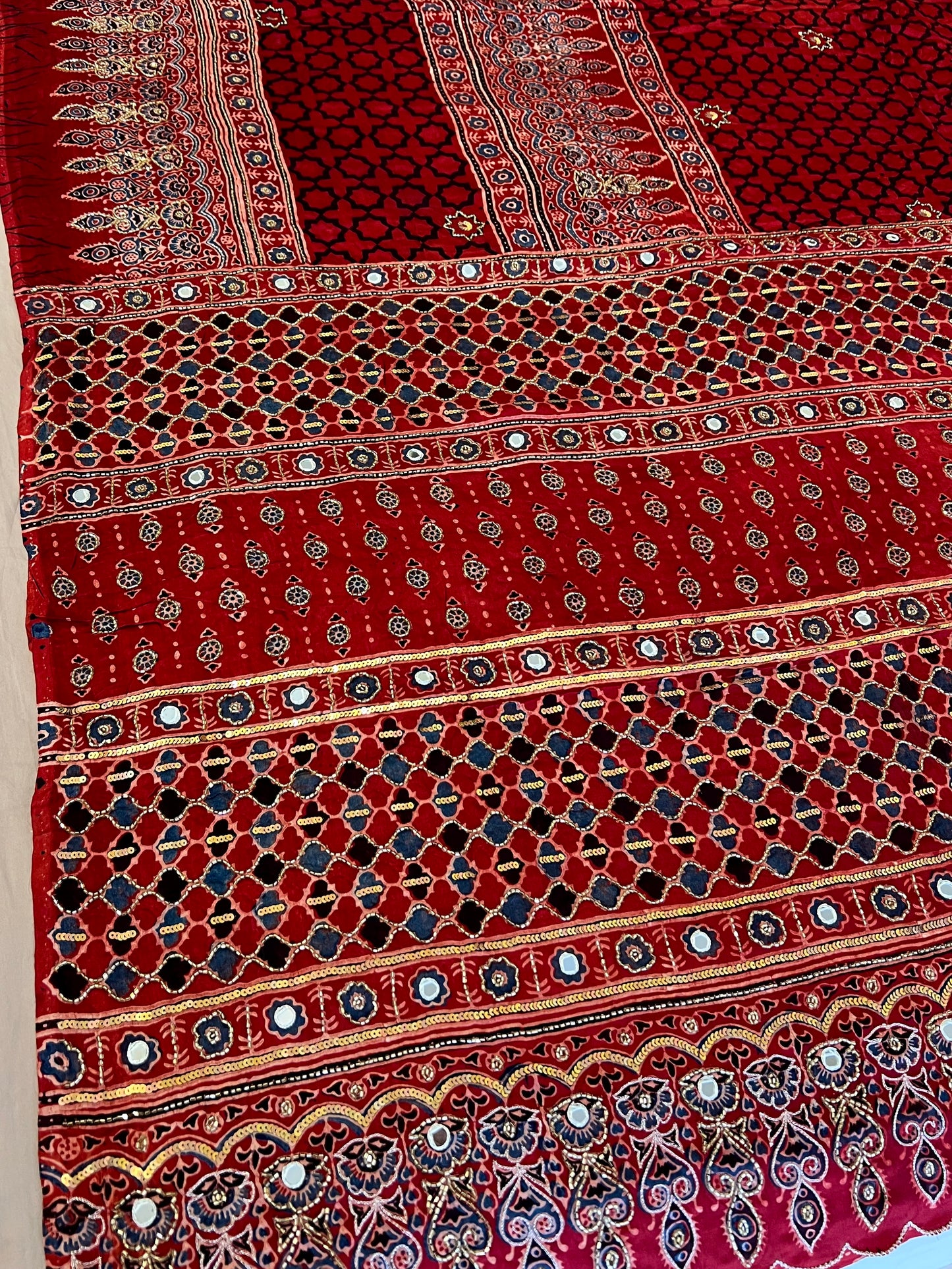 CHERRY BLOOM - Pure Modal Ajrakh Hand Embroidered Saree