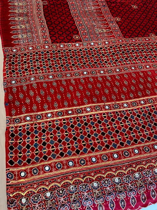 CHERRY BLOOM - Pure Modal Ajrakh Hand Embroidered Saree