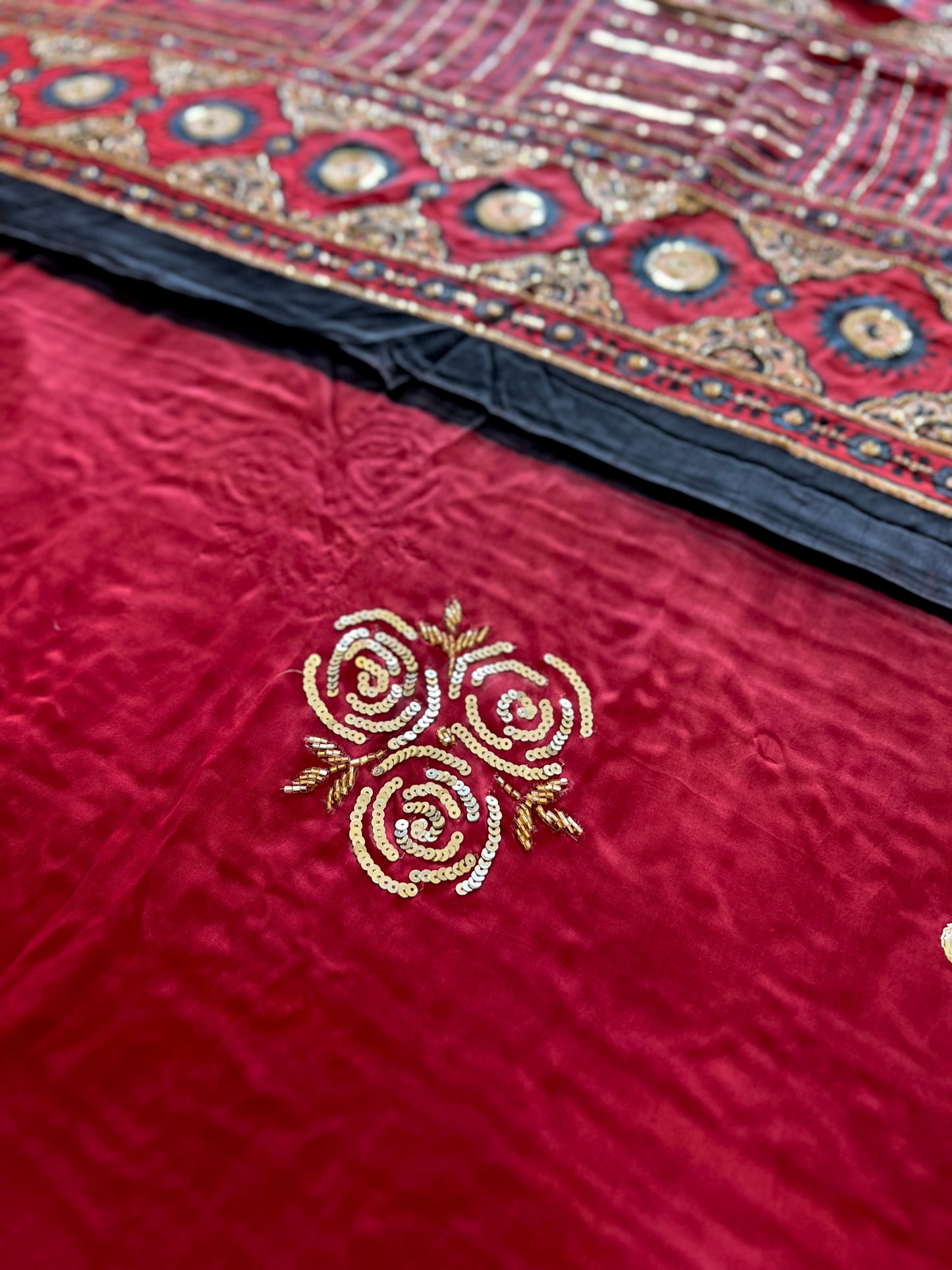 FLAME ROSE - Pure Modal Ajrakh Hand Embroidered Saree