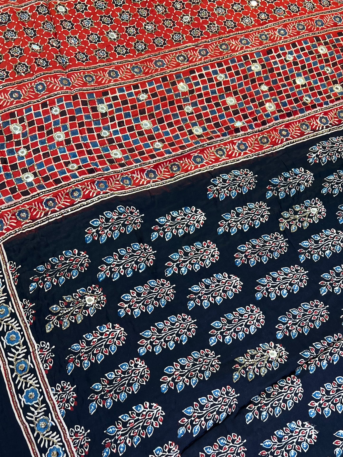 MIDNIGHT ROUGE - Pure Modal Ajrakh Hand Embroidered Saree