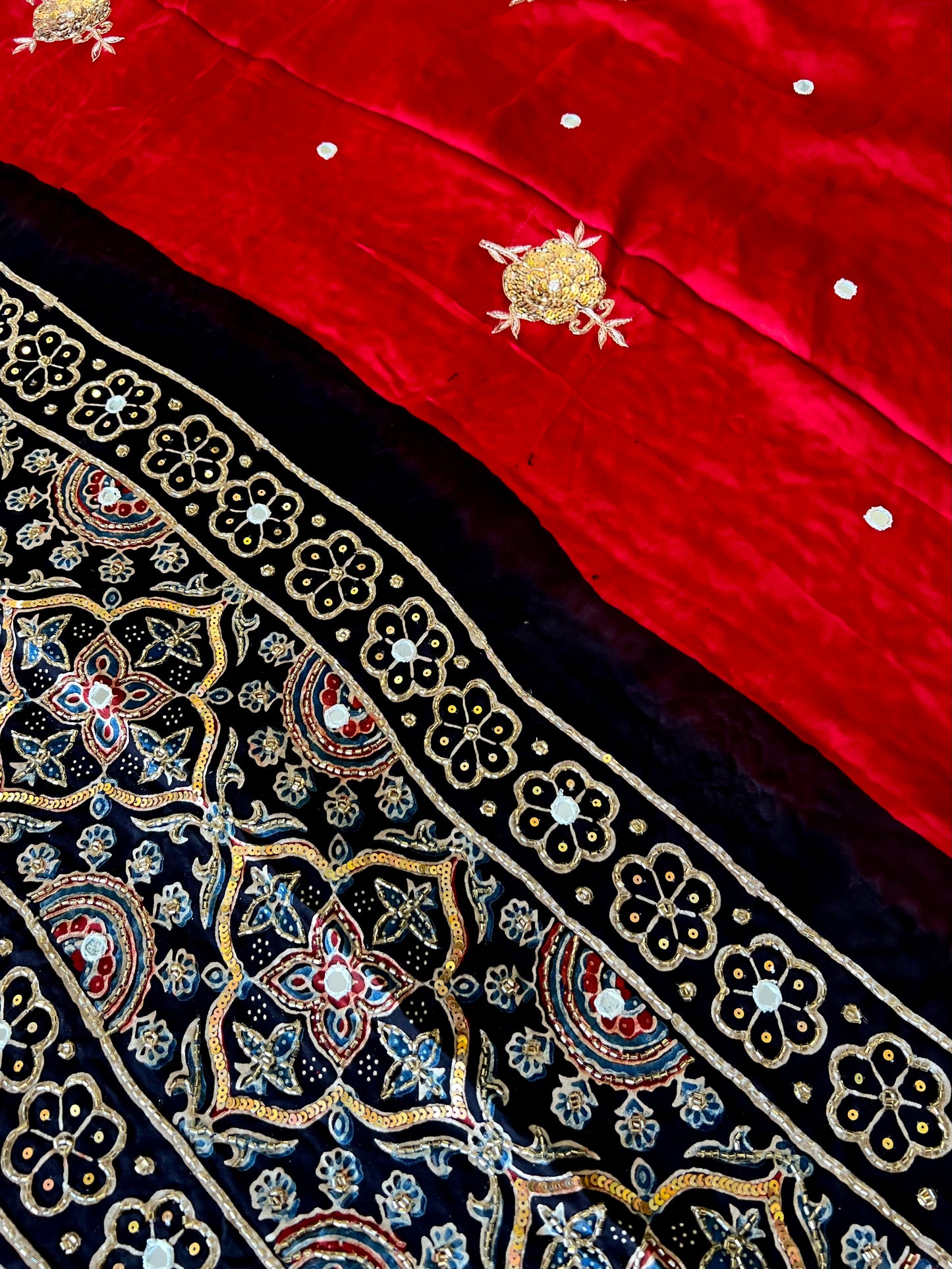 SCARLET ROSE - Pure Modal Ajrakh Hand Embroidered Saree