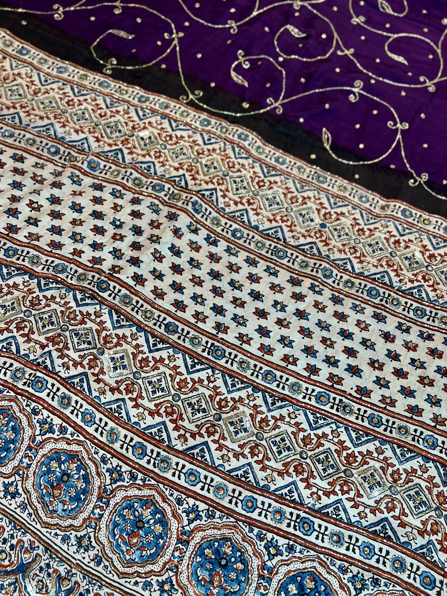 MOONLIT AMETHYST - Pure Modal Ajrakh Hand Embroidered Saree