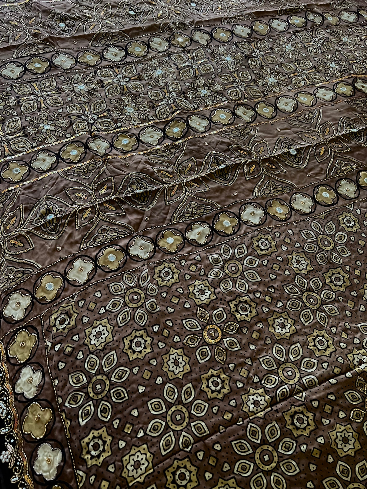 MOCHA BLOOM - Pure Modal Ajrakh Hand Embroidered Saree
