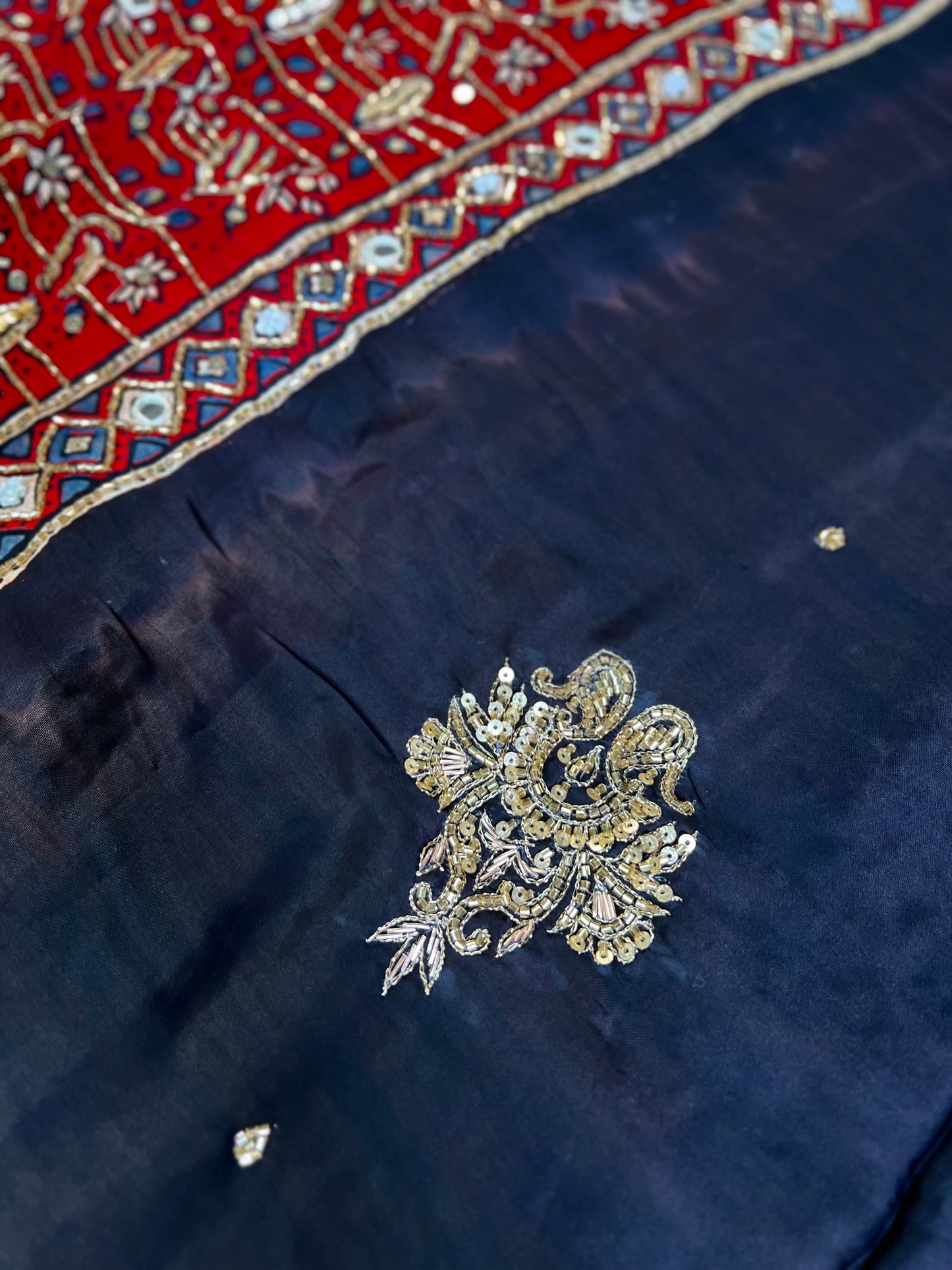 NIGHT ORCHID - Pure Modal Ajrakh Hand Embroidered Saree