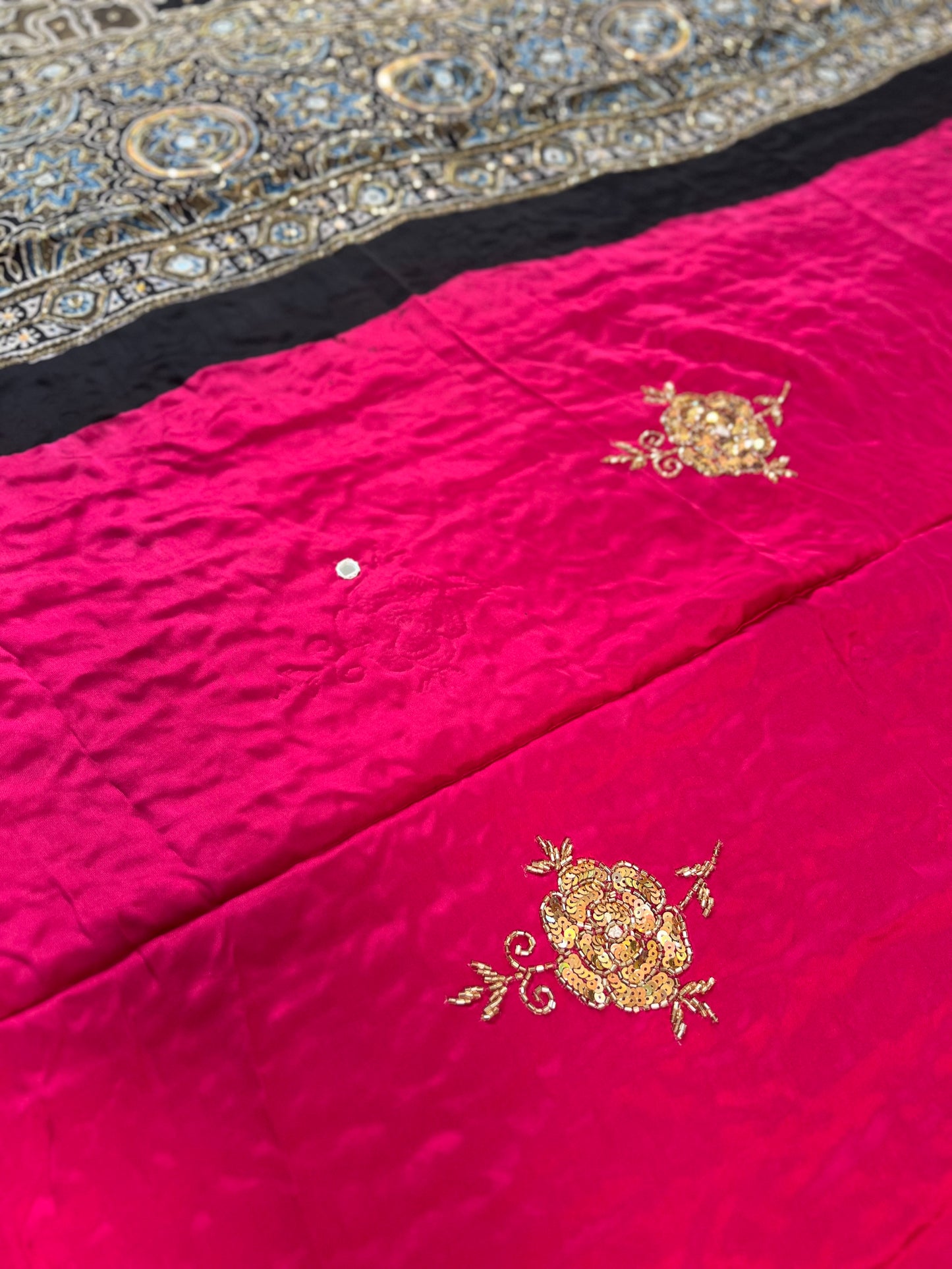 CHERRY ROSE - Pure Modal Ajrakh Hand Embroidered Saree
