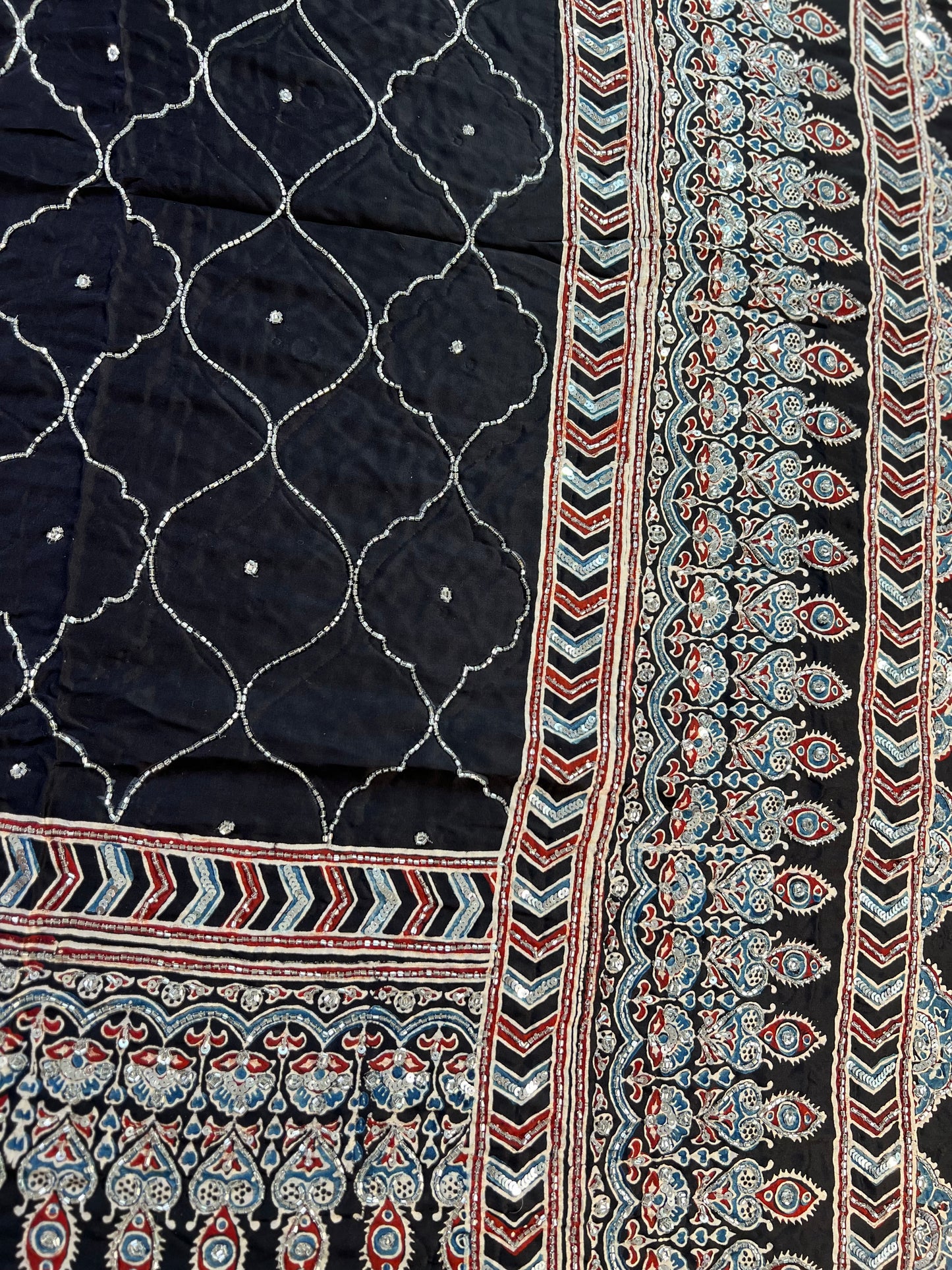 MIDNIGHT ECLIPSE - Pure Modal Ajrakh Hand Embroidered Saree