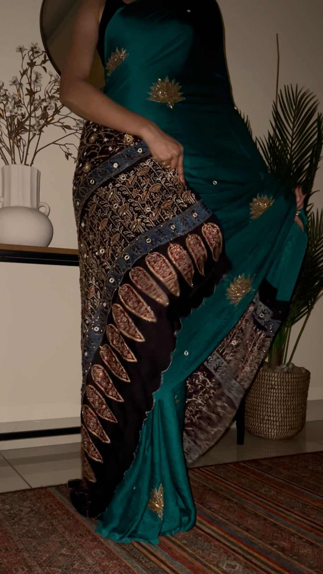 JADE LOTUS - Pure Modal Ajrakh Hand Embroidered Saree