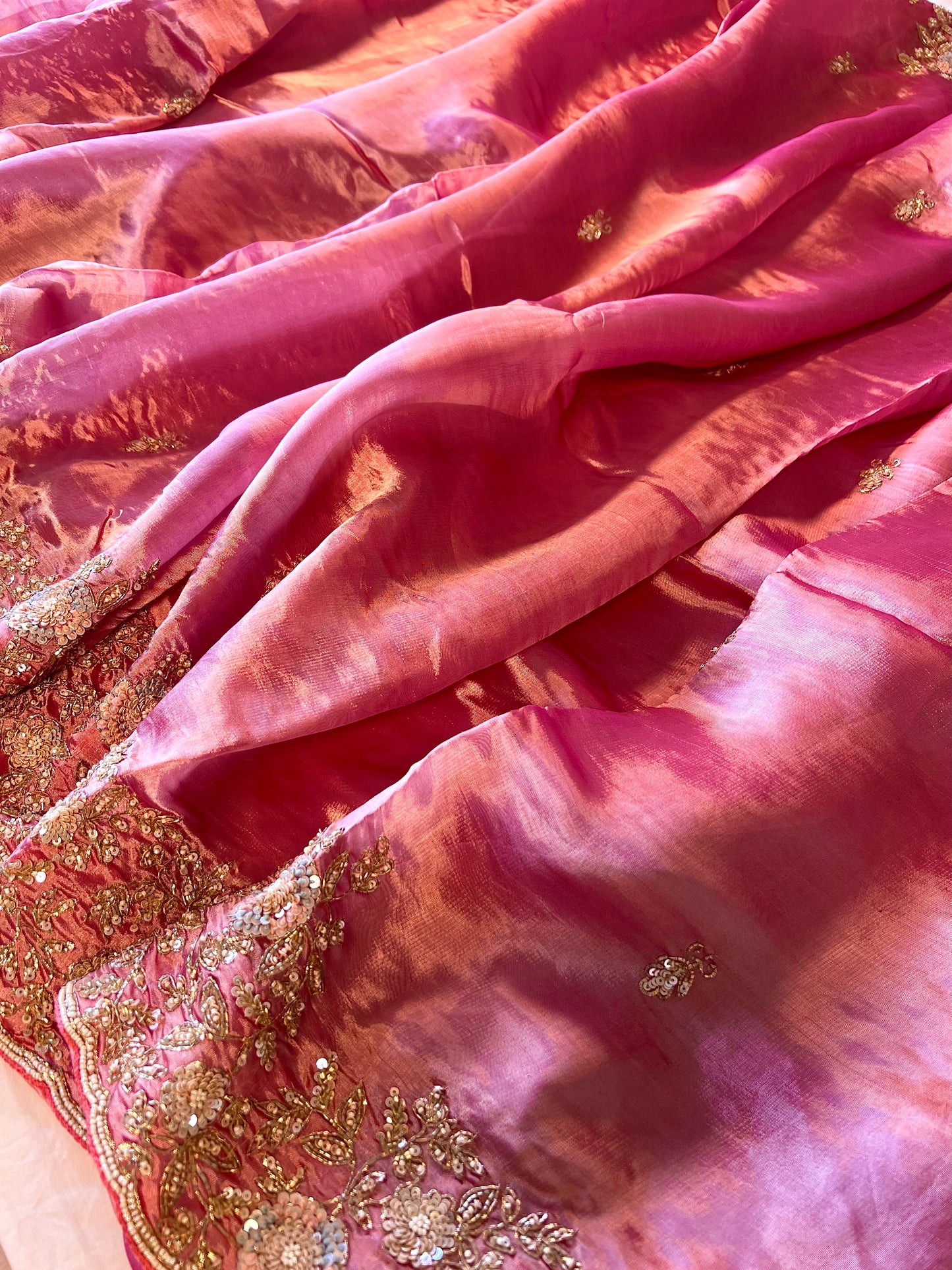 SHABNAM - Pure Chinnon Satin Zardosi Pitta Hand Embroidered Saree