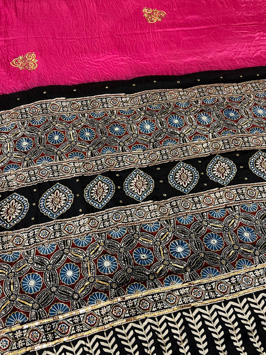 SPINEL ROSE - Pure Modal Ajrakh Hand Embroidered Saree