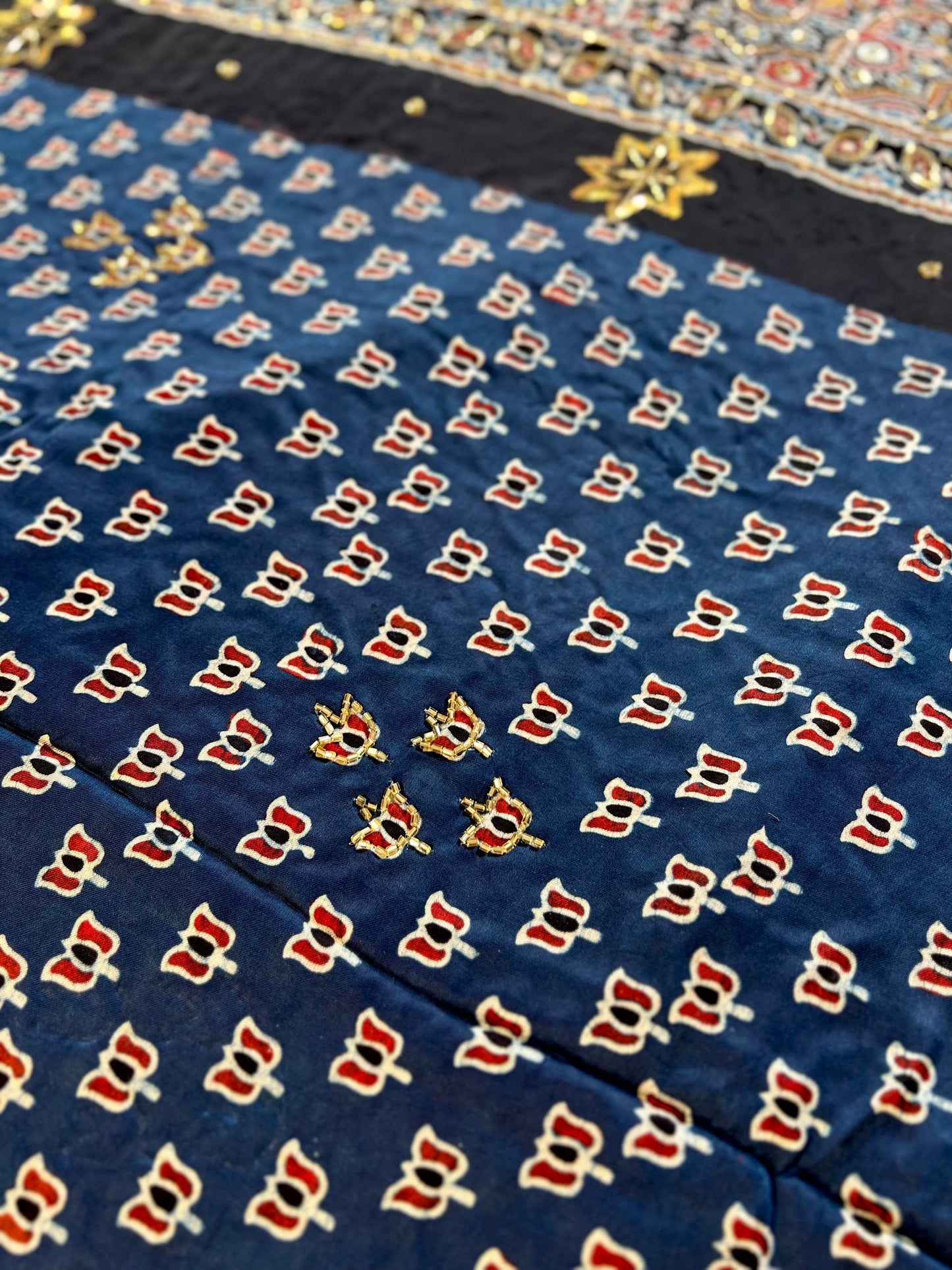 COBALT BLOOM - Pure Modal Ajrakh Hand Embroidered Saree