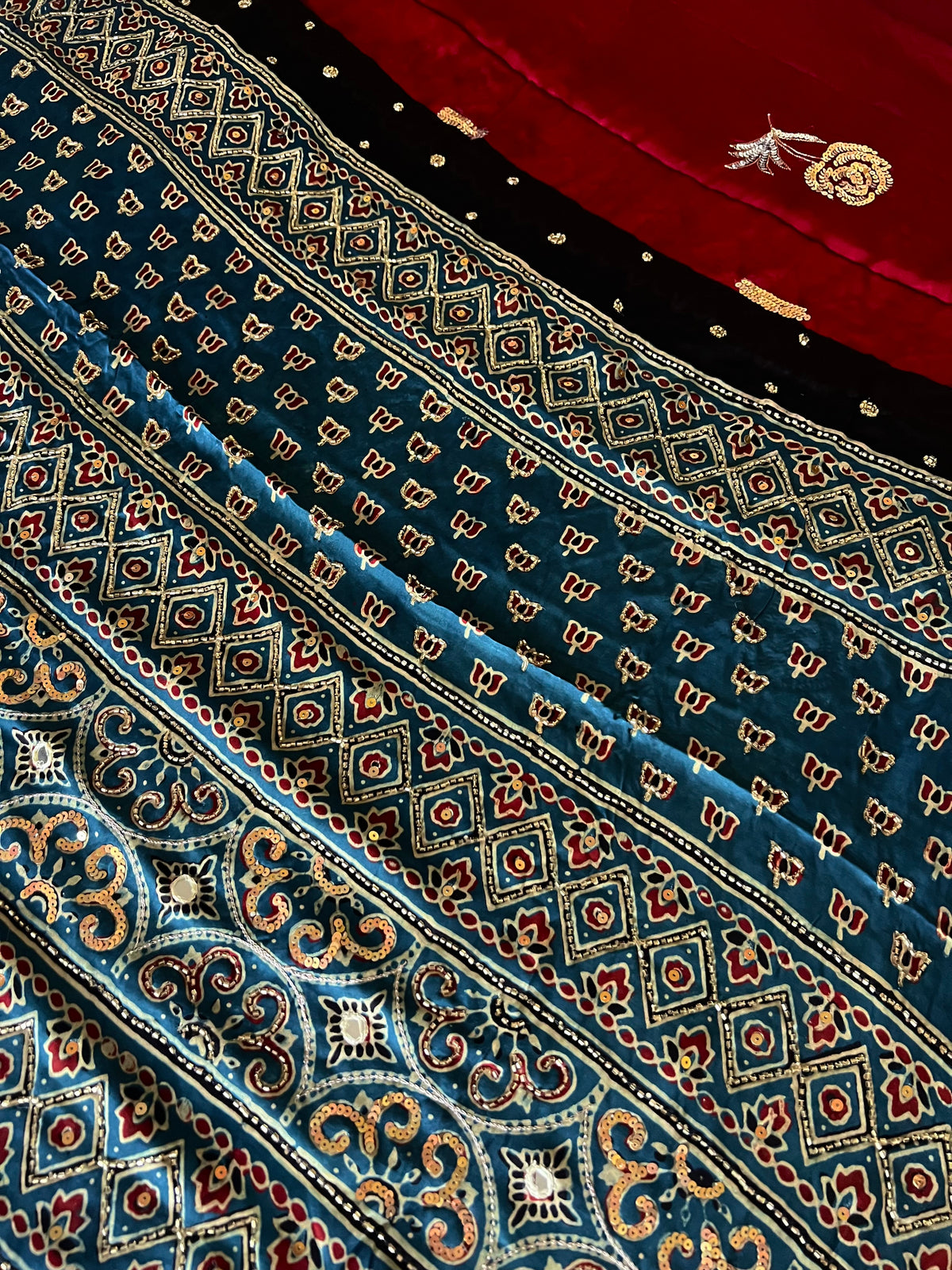 DREAM ROSE - Pure Modal Ajrakh Hand Embroidered Saree