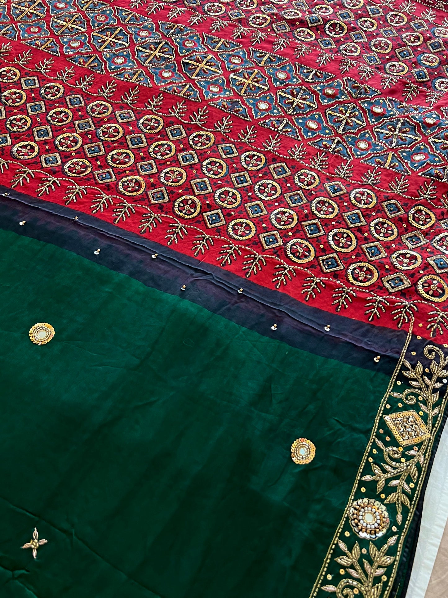 GREEN DESIRE - Pure Modal Ajrakh Hand Embroidered Saree