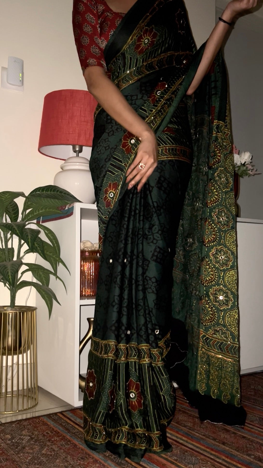 FOREST MIST - Pure Modal Ajrakh Hand Embroidered Saree