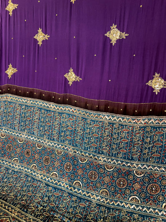 HYPNOTIC ROSE - Pure Modal Ajrakh Hand Embroidered Saree