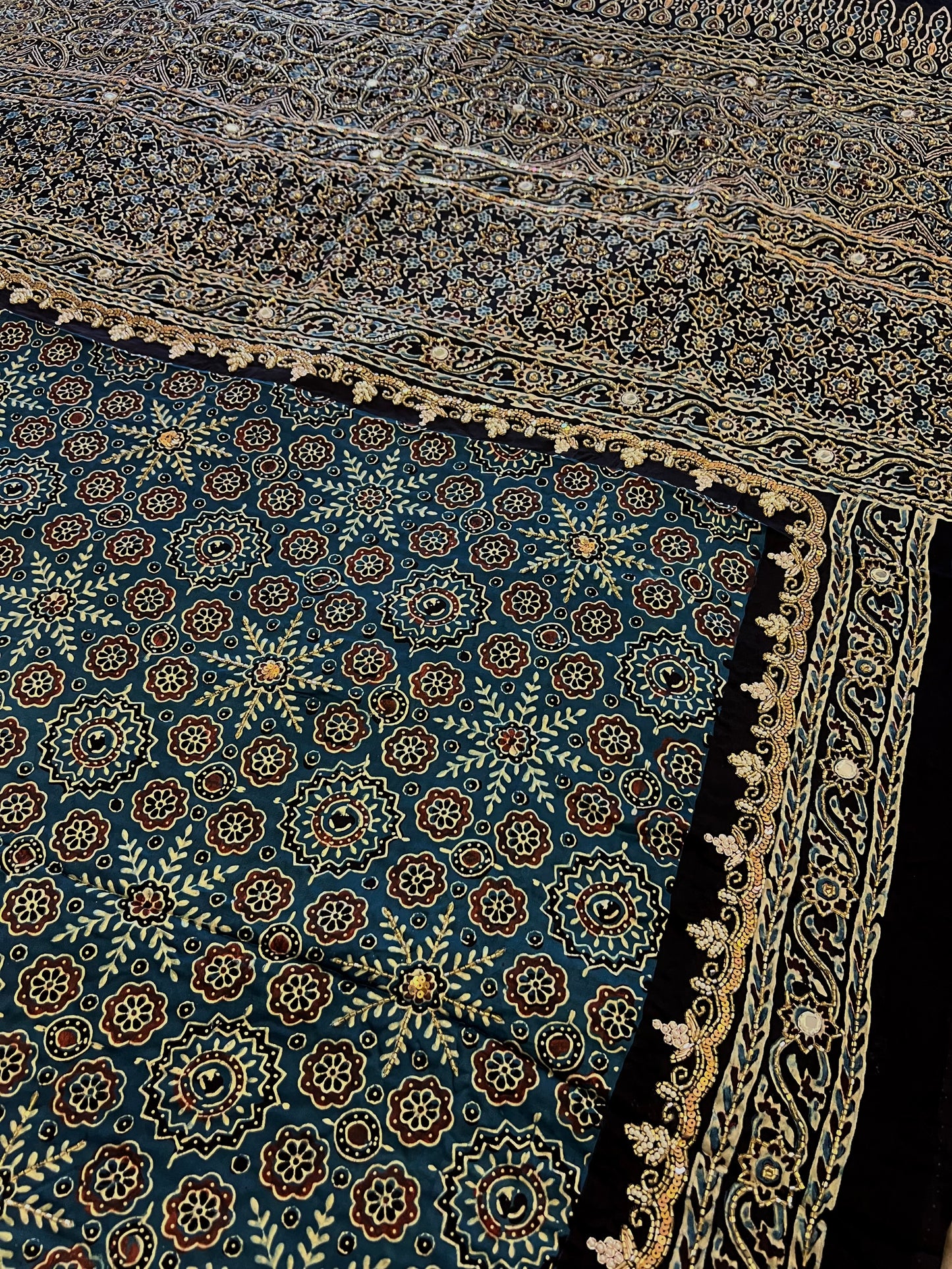 OCEAN MIST - Pure Modal Ajrakh Hand Embroidered Saree