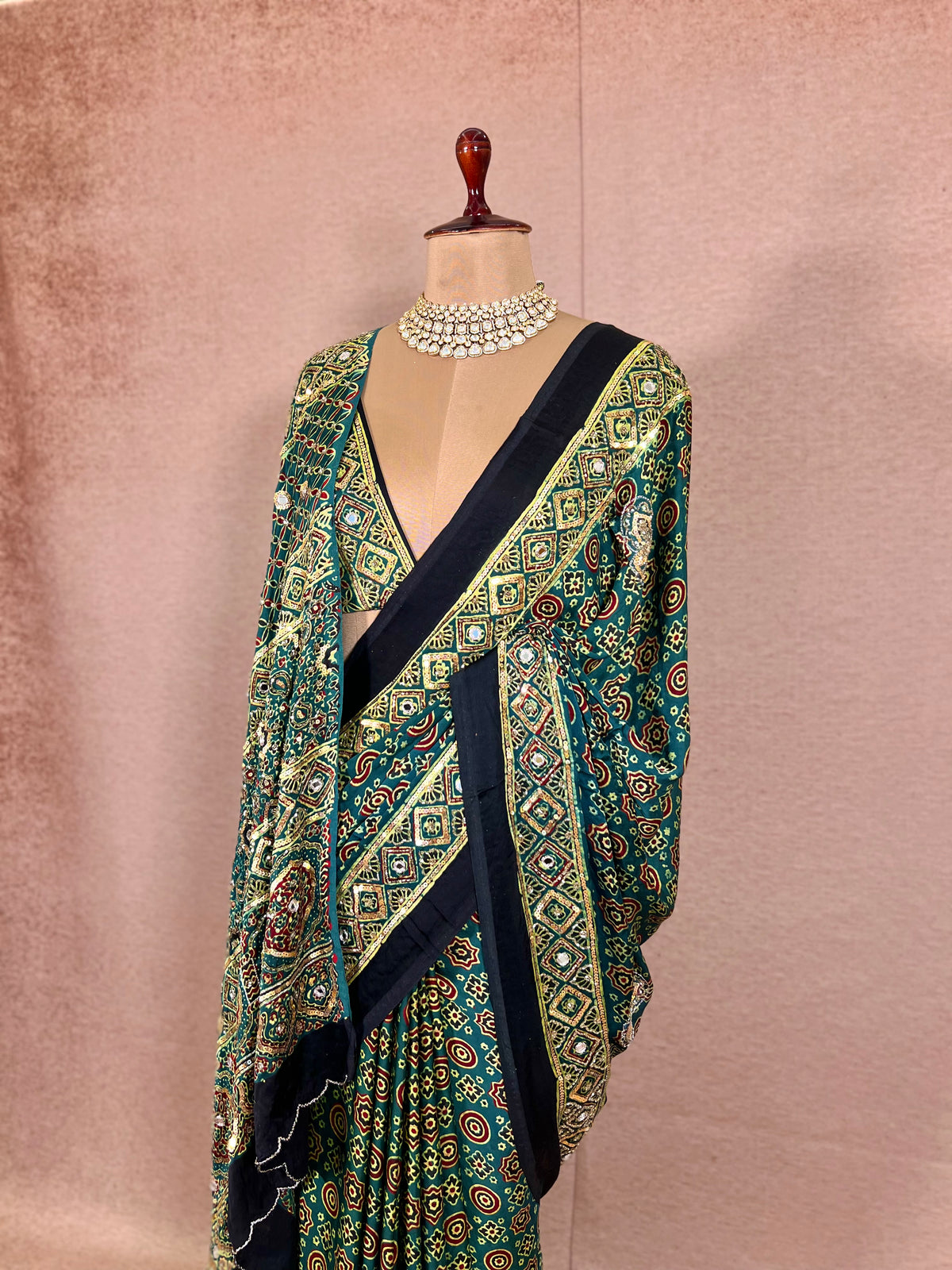GLITTER ALLURE - Pure Modal Ajrakh Hand Embroidered Saree