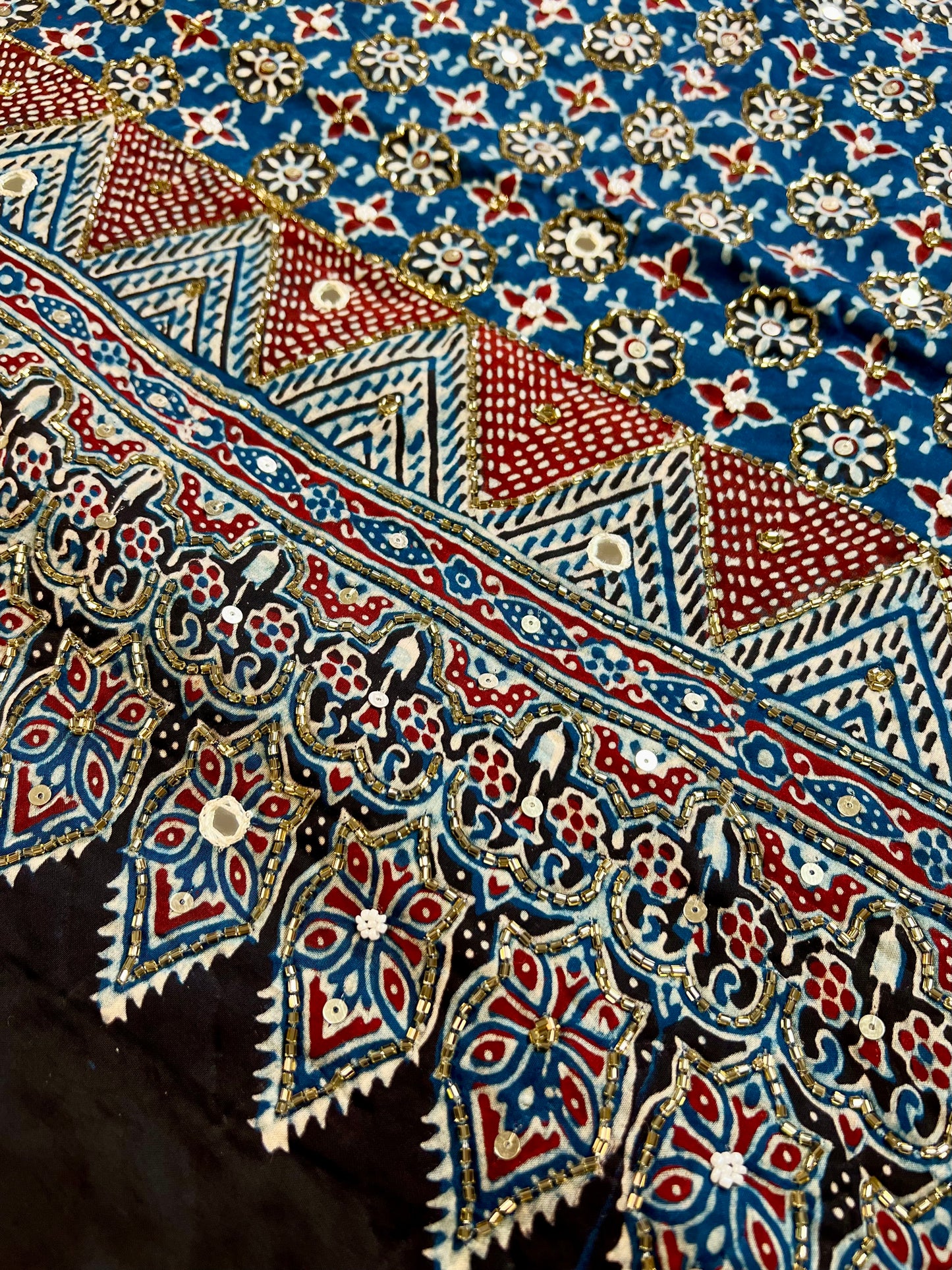 INDIGO STARDUST - Pure Modal Ajrakh Hand Embroidered Saree