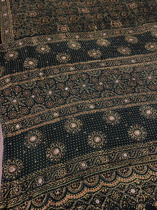 GARDEN WHISPER - Pure Modal Ajrakh Hand Embroidered Saree