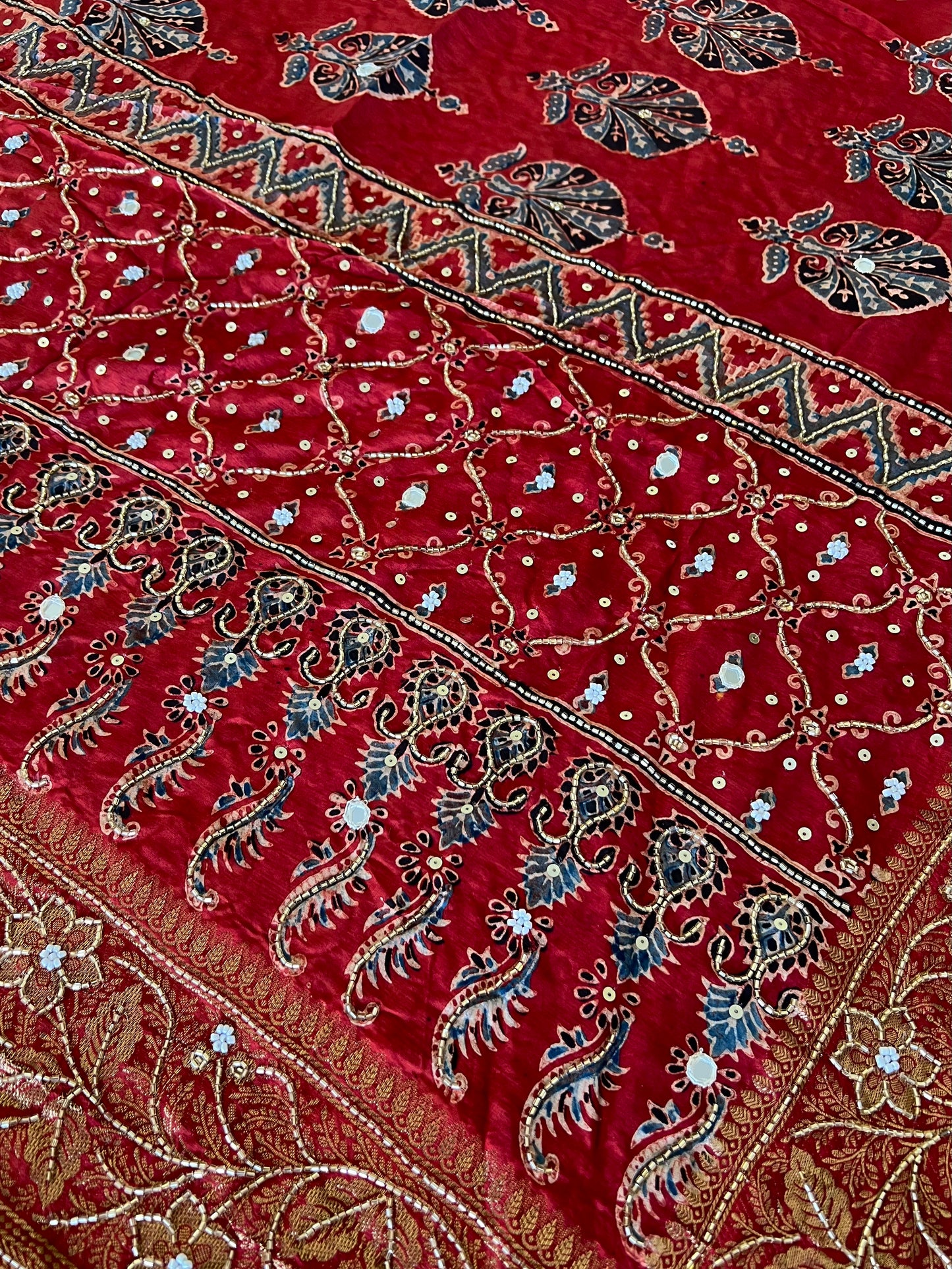 VERMILLION WHISPER - Pure Dola Ajrakh Hand Embroidered Saree