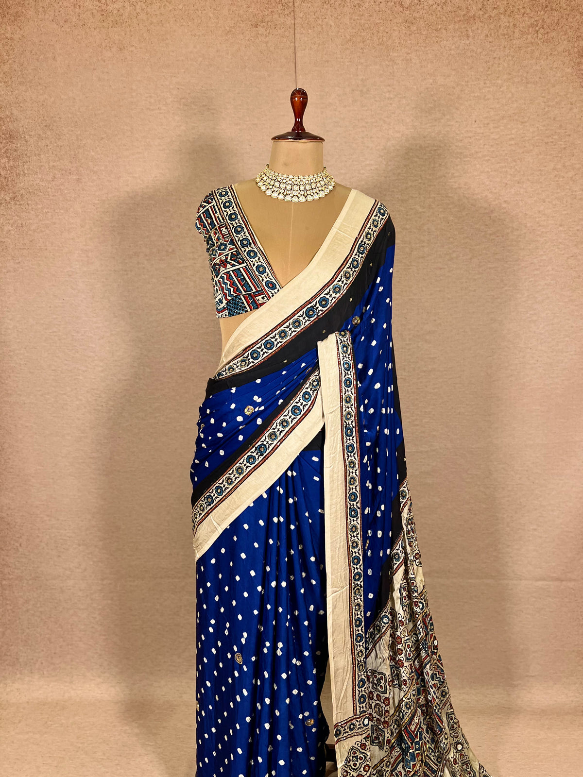 BLUE GRANDUER - Pure Modal Bandhani Ajrakh Hand Embroidered Saree