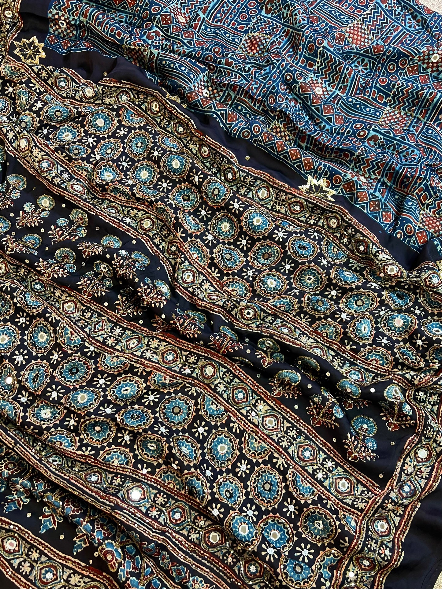 ASTRAL BLUE - Pure Modal Ajrakh Hand Embroidered Saree