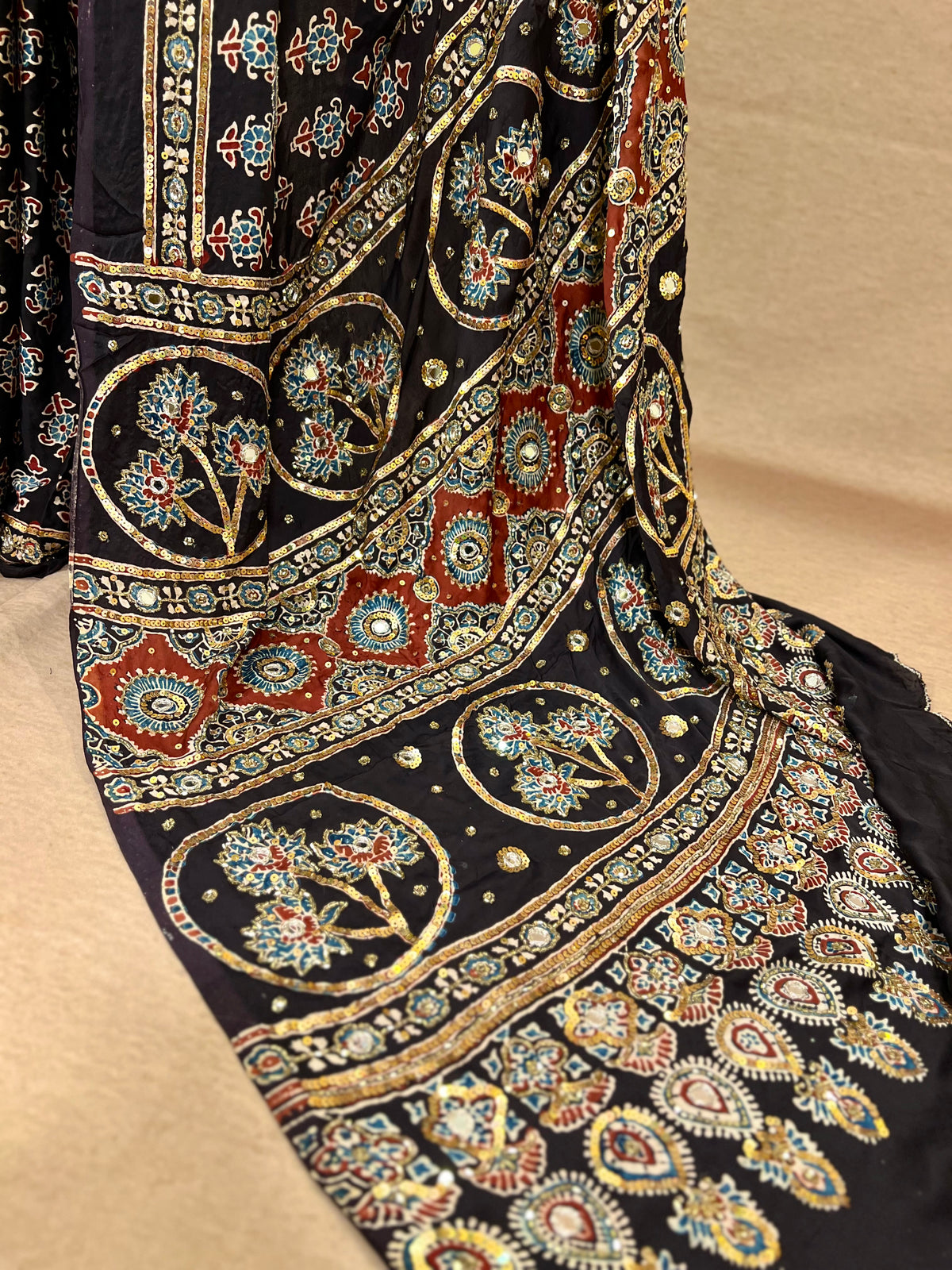 SPARKLE BLOOM - Pure Modal Ajrakh Hand Embroidered Saree