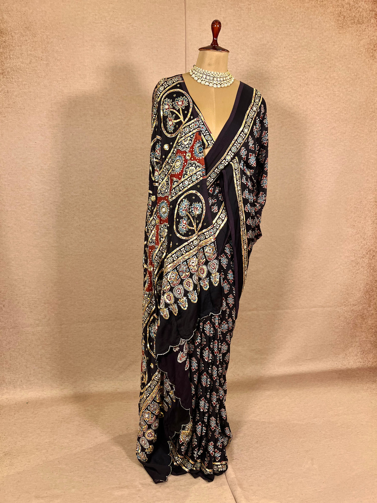 SPARKLE BLOOM - Pure Modal Ajrakh Hand Embroidered Saree
