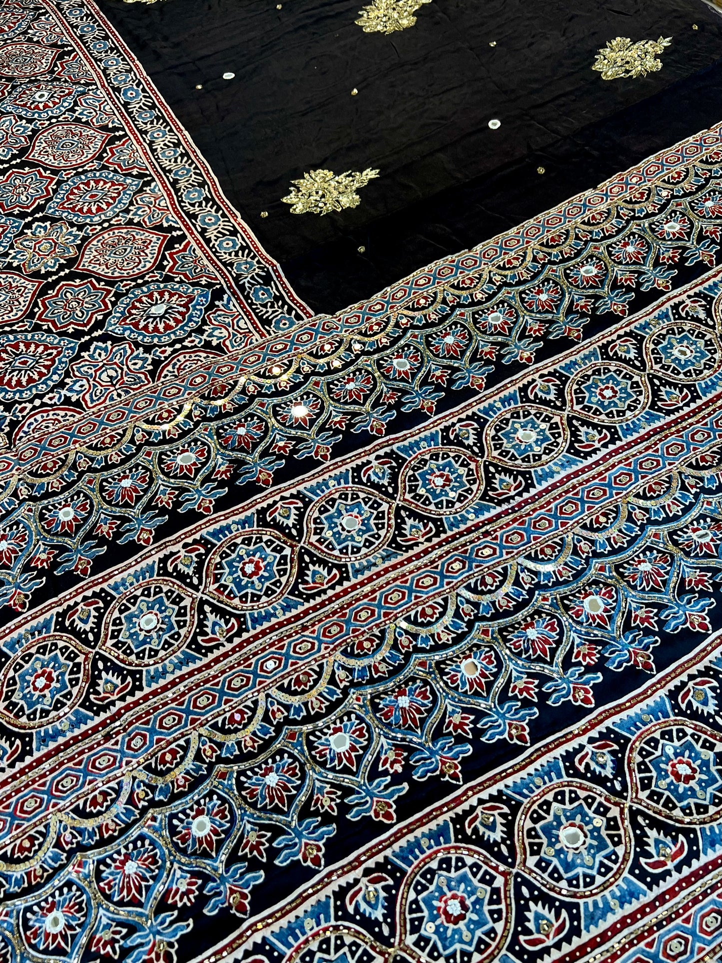 MIDNIGHT BLOOM - Pure Modal Ajrakh Hand Embroidered Saree