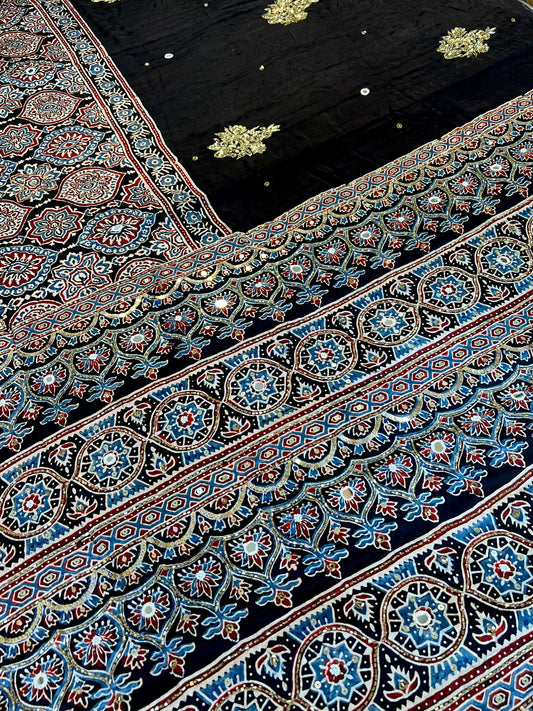 MIDNIGHT BLOOM - Pure Modal Ajrakh Hand Embroidered Saree