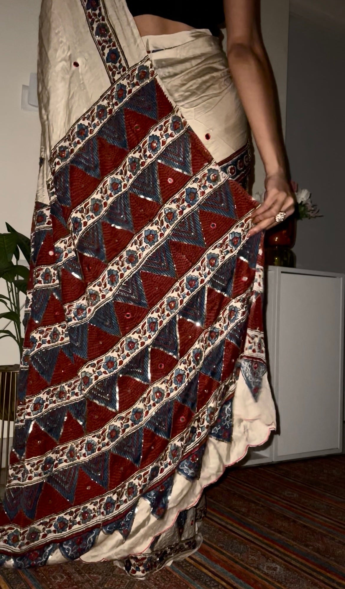Ivory Heritage - Pure Modal Ajrakh Hand Embroidered Saree