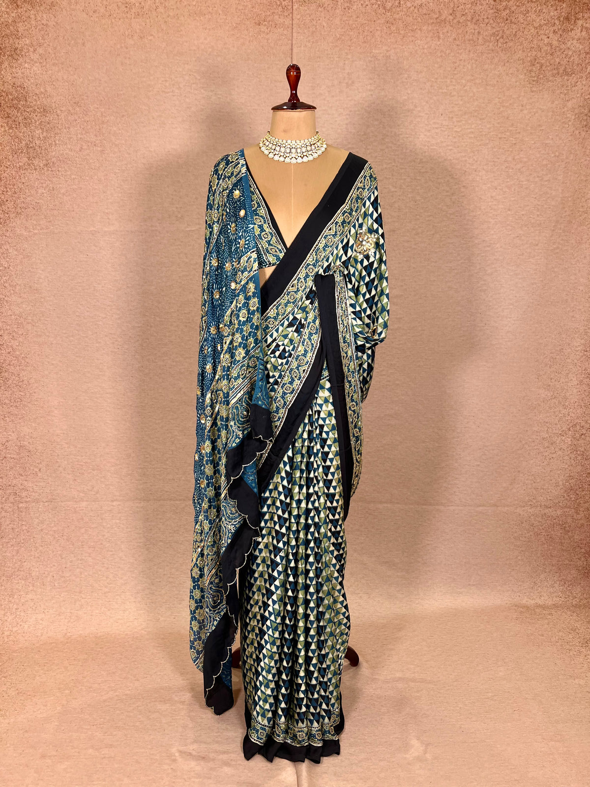 LAGOON DREAM - Pure Modal Ajrakh Hand Embroidered Saree