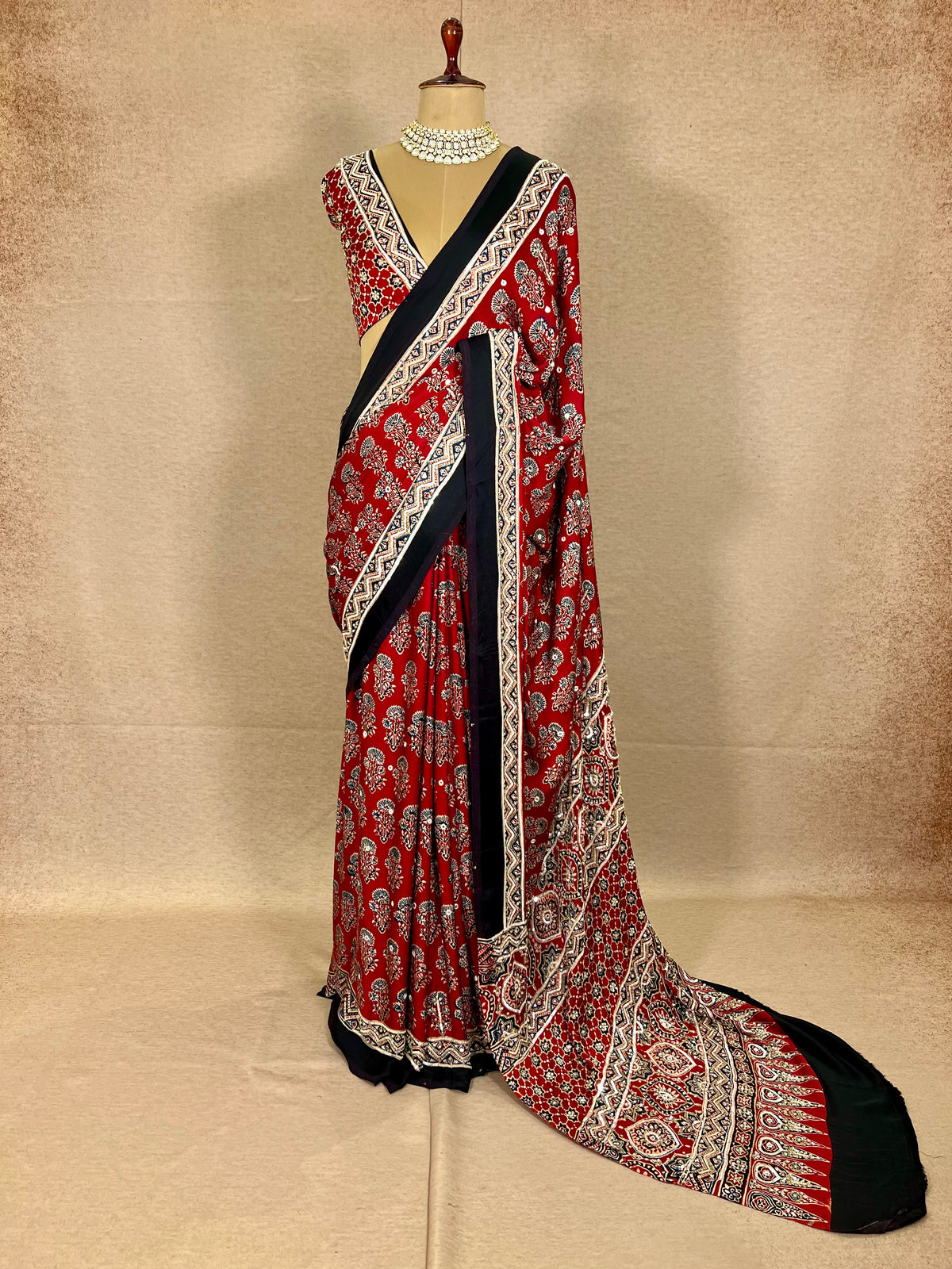 PASSION BLOOM - Pure Modal Ajrakh Hand Embroidered Saree