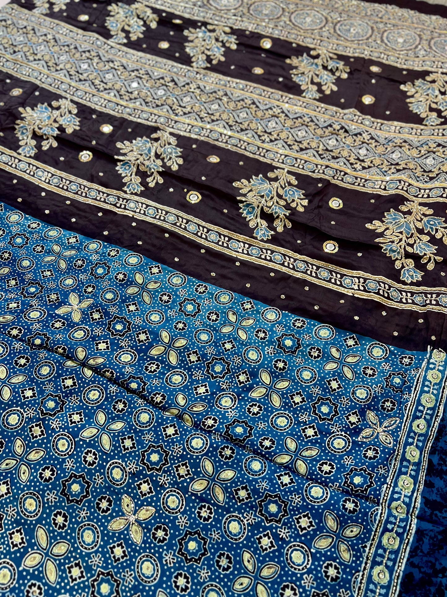 INDIGO FLORA - Pure Modal Ajrakh Hand Embroidered Saree