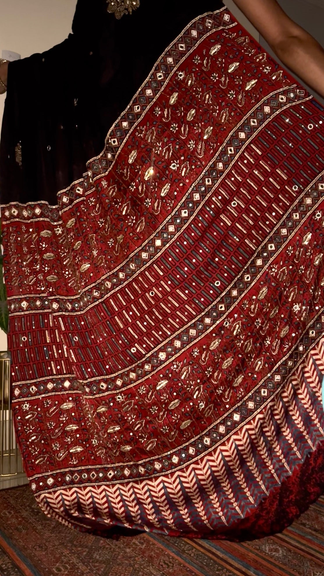 NIGHT ORCHID - Pure Modal Ajrakh Hand Embroidered Saree