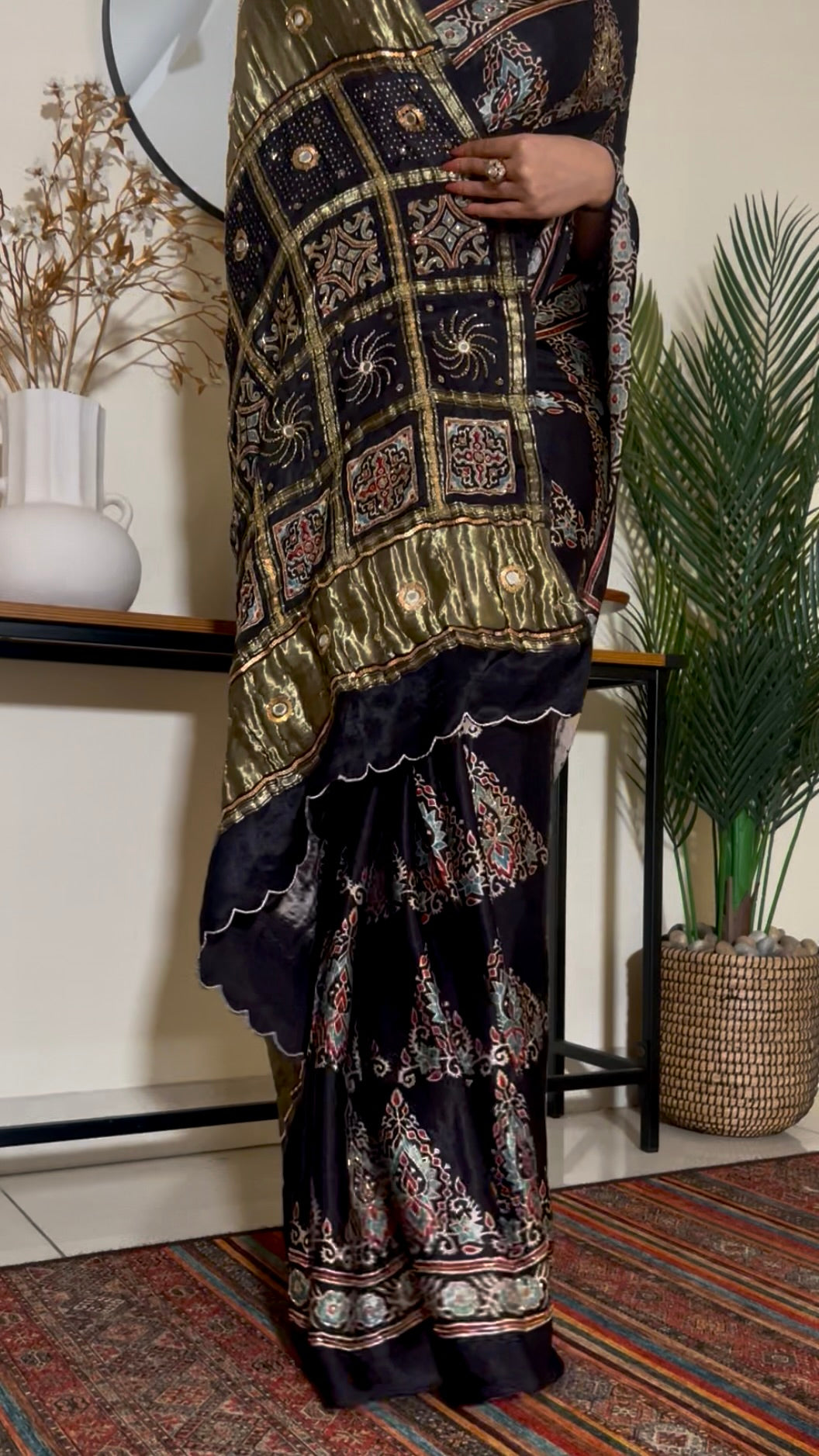 REGAL BLACK - Pure Modal Ajrakh Hand Embroidered Saree