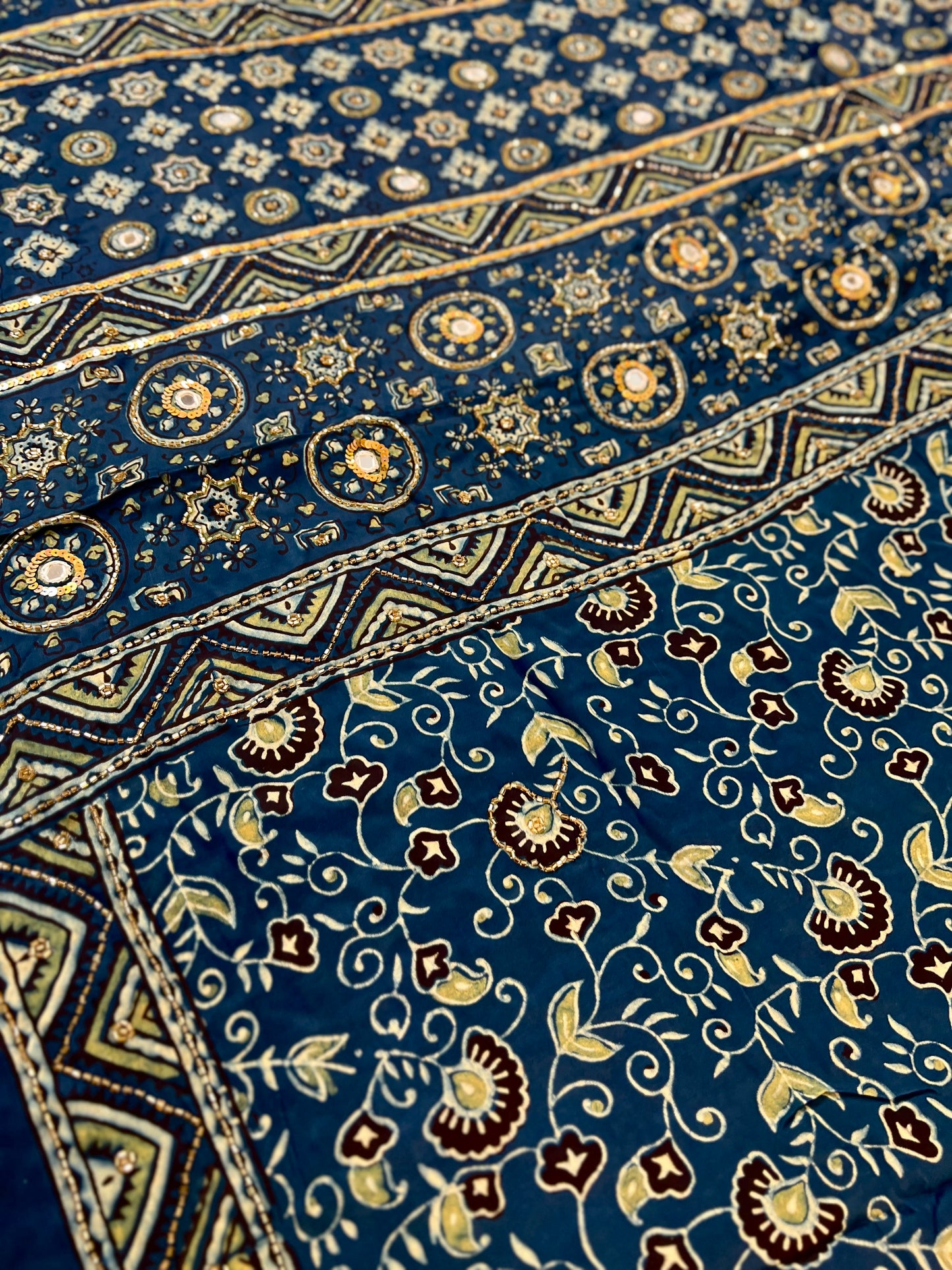 AZURE DREAMS - Pure Modal Ajrakh Hand Embroidered Saree