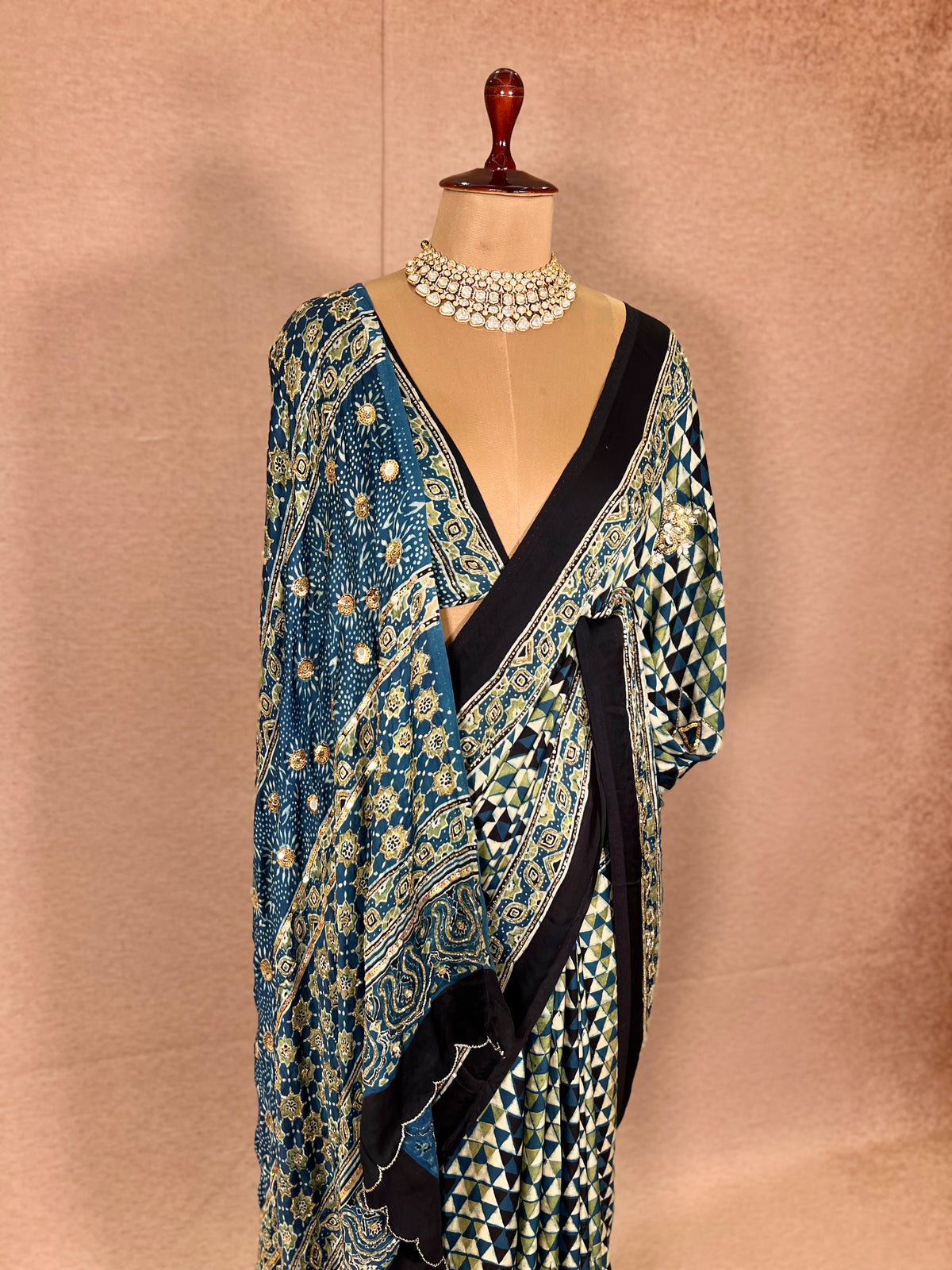 LAGOON DREAM - Pure Modal Ajrakh Hand Embroidered Saree