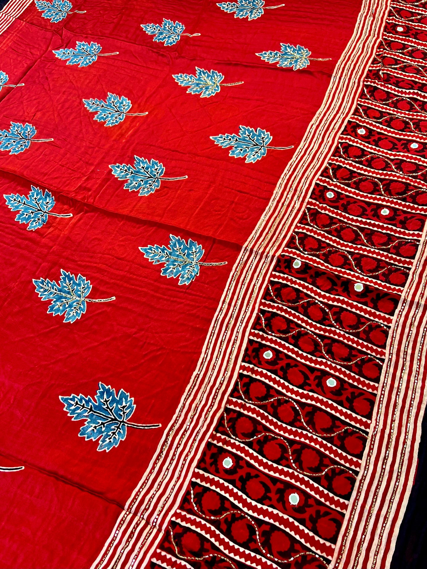 CRIMSON BLOOM - - Pure Modal Ajrakh Hand Embroidered Saree