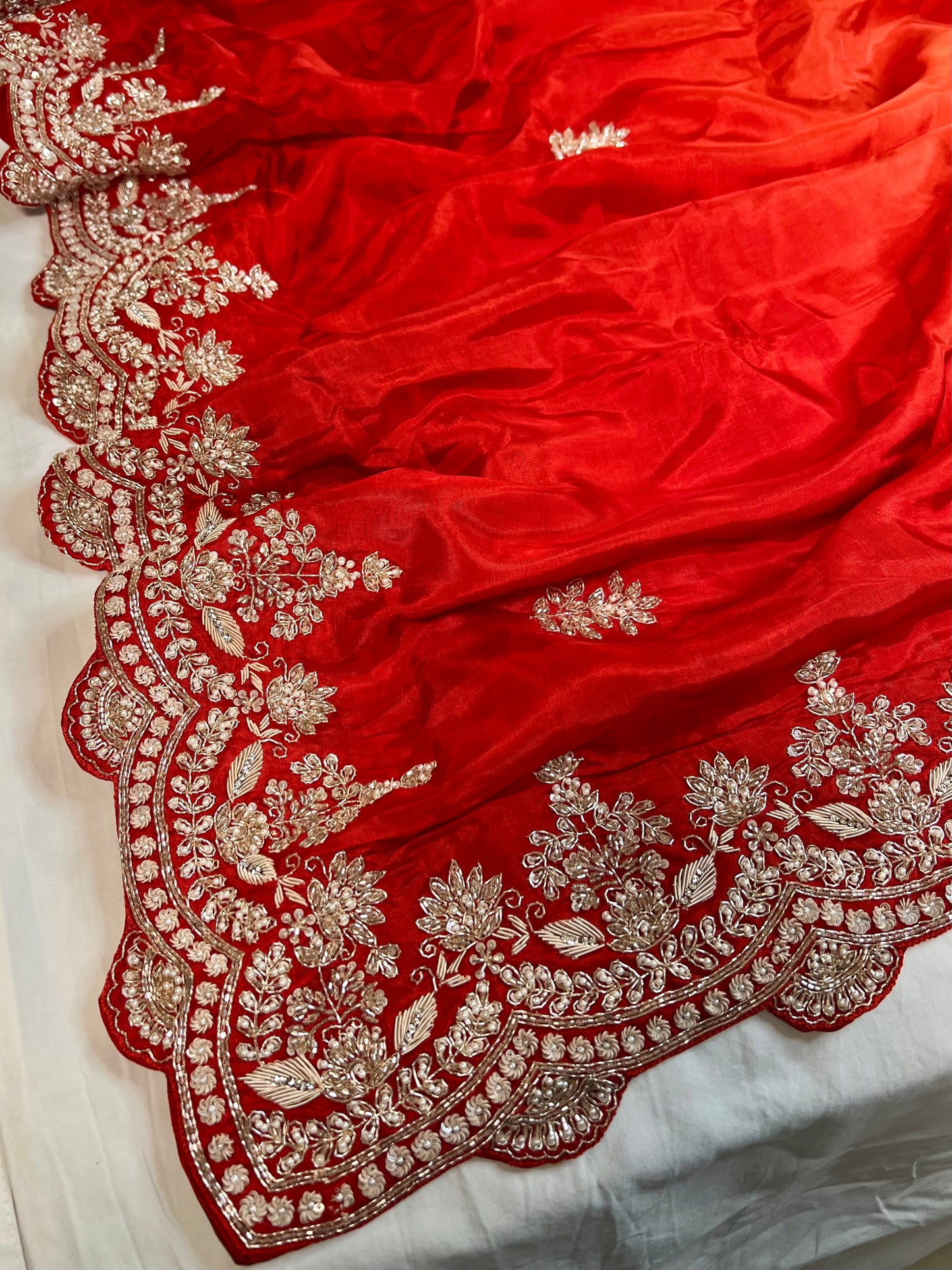 Orange - Red Ombré Zardosi Embroidered Crepe Designer Saree with Unstitched Blouse