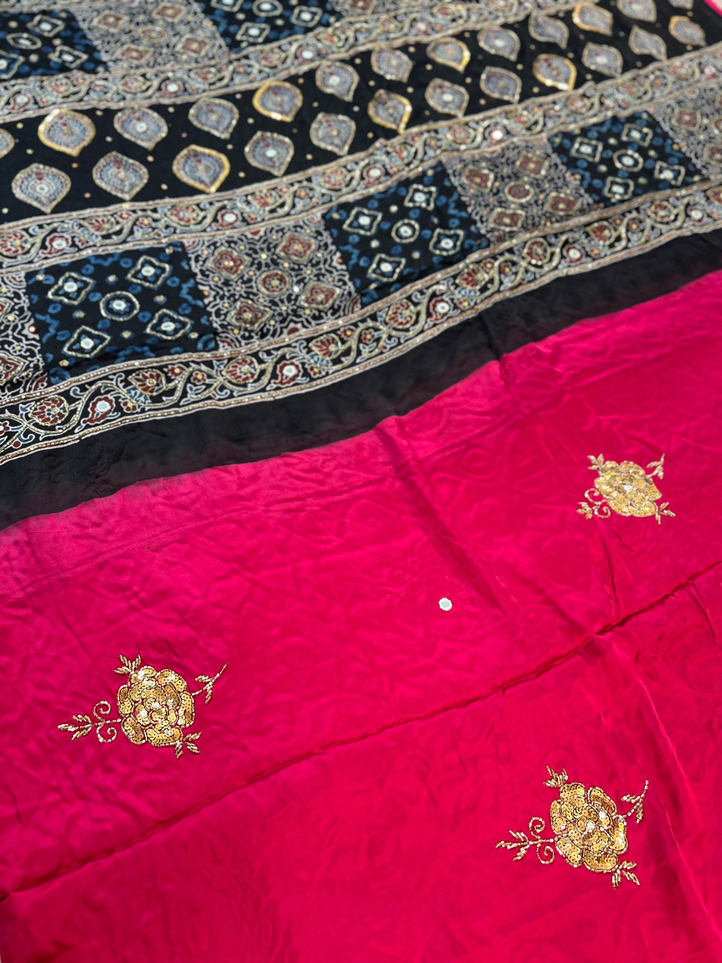 FLAMINGO ROSE - Pure Modal Ajrakh Hand Embroidered Saree