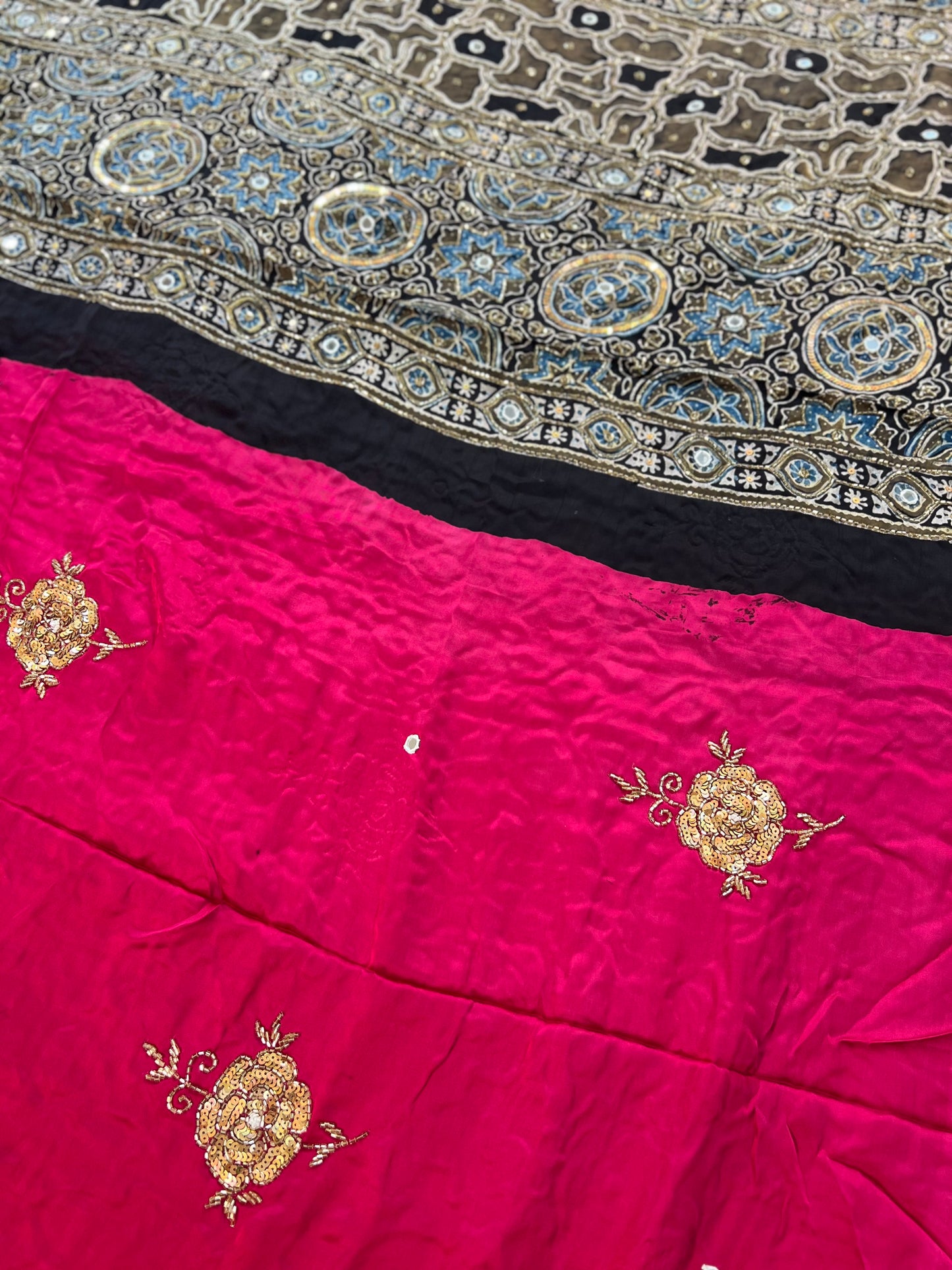 CHERRY ROSE - Pure Modal Ajrakh Hand Embroidered Saree