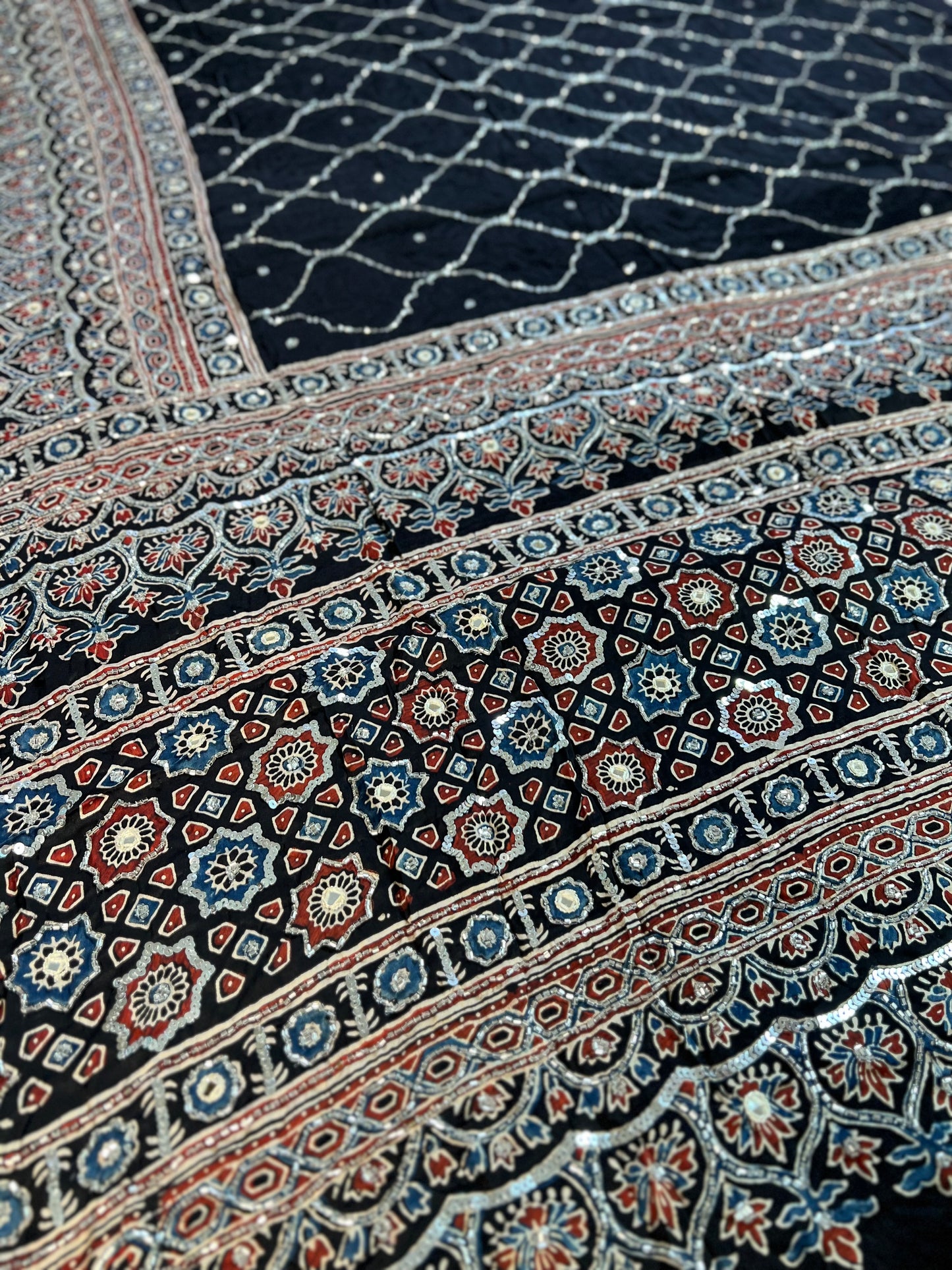 BLACK DAHLIA - Pure Modal Ajrakh Hand Embroidered Saree