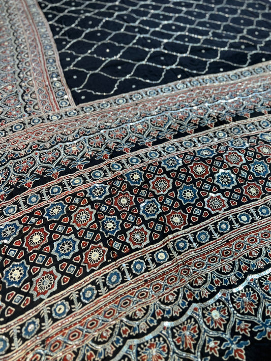 BLACK DAHLIA - Pure Modal Ajrakh Hand Embroidered Saree