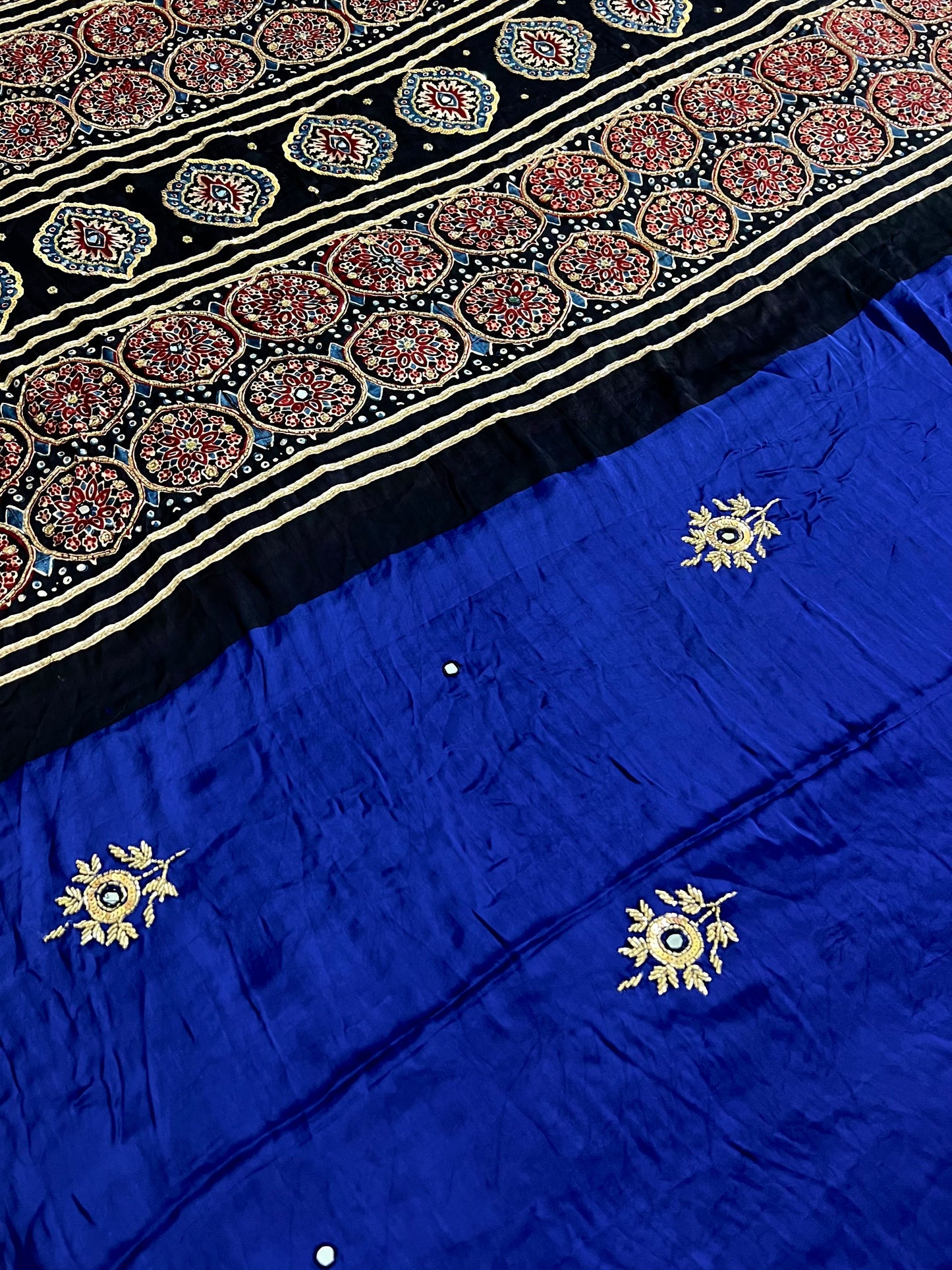SAPPHIRE ROSE - Pure Modal Ajrakh Hand Embroidered Saree
