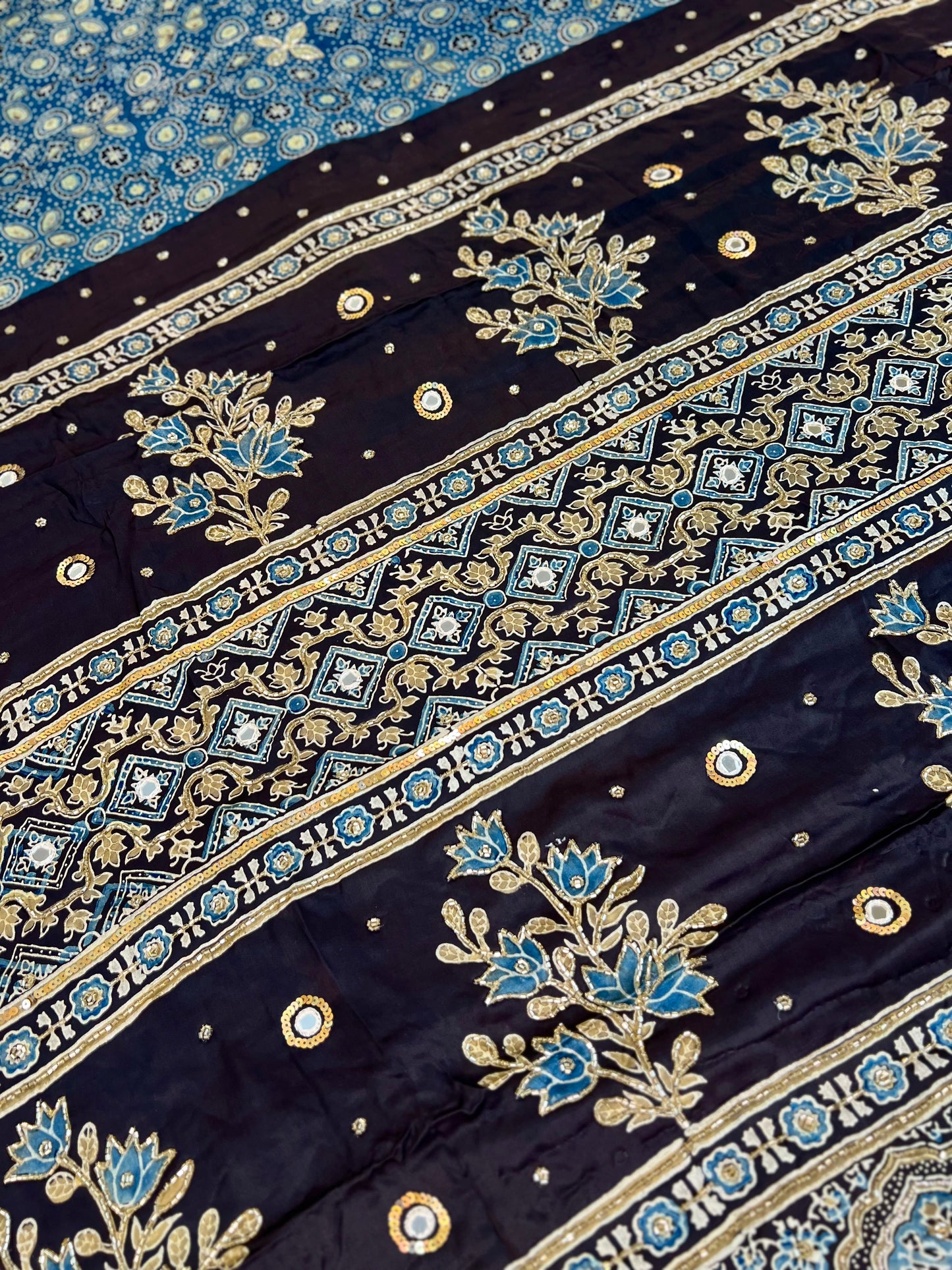 INDIGO FLORA - Pure Modal Ajrakh Hand Embroidered Saree
