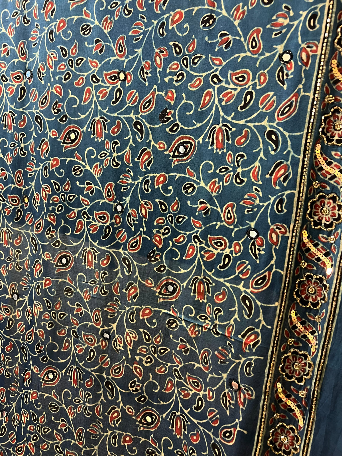 INDIGO BLOOM DUPATTA - Pure Modal Ajrakh Hand Embroidered Dupatta