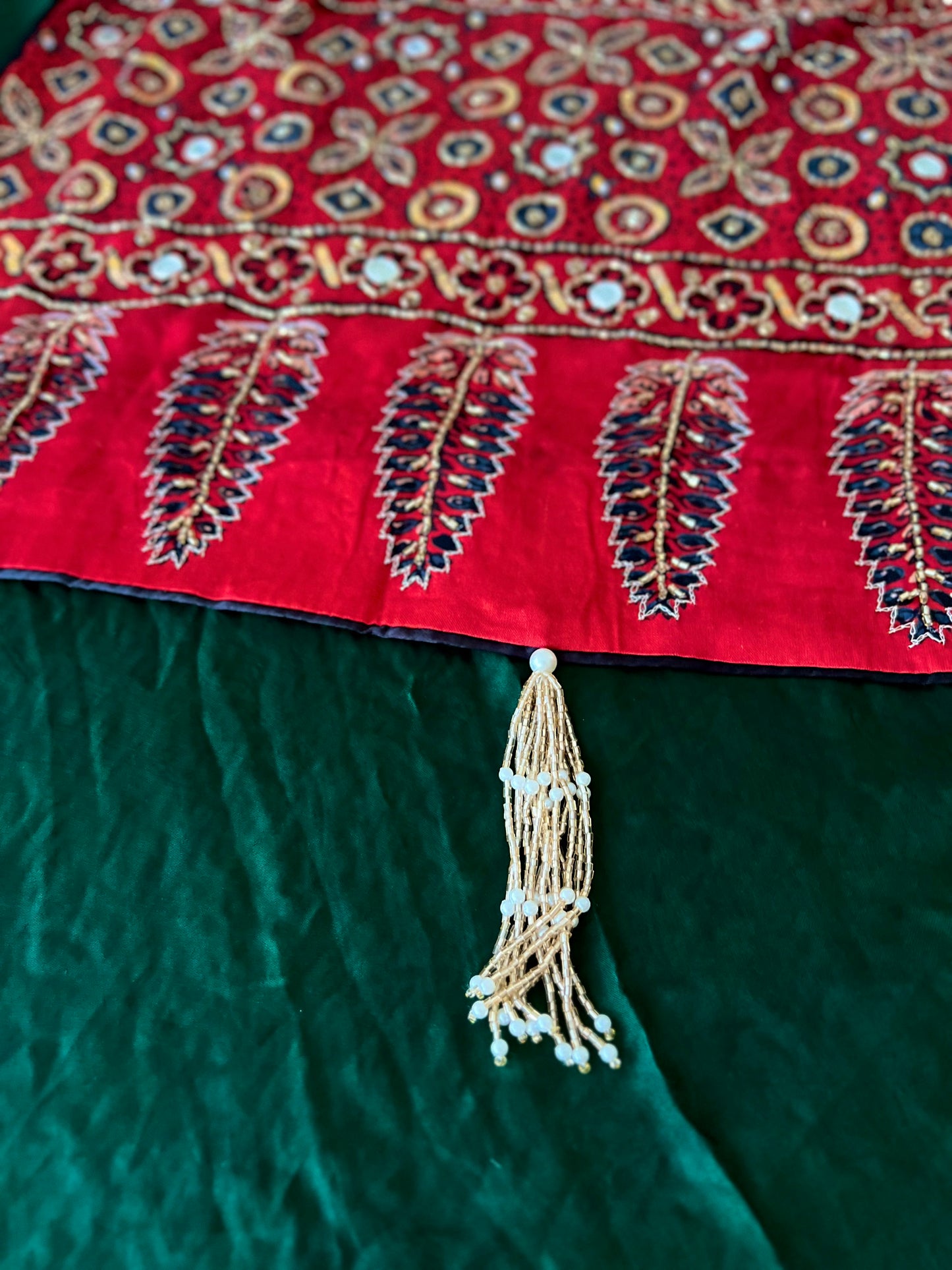 GREEN AFFAIR - Pure Modal Ajrakh Hand Embroidered Saree
