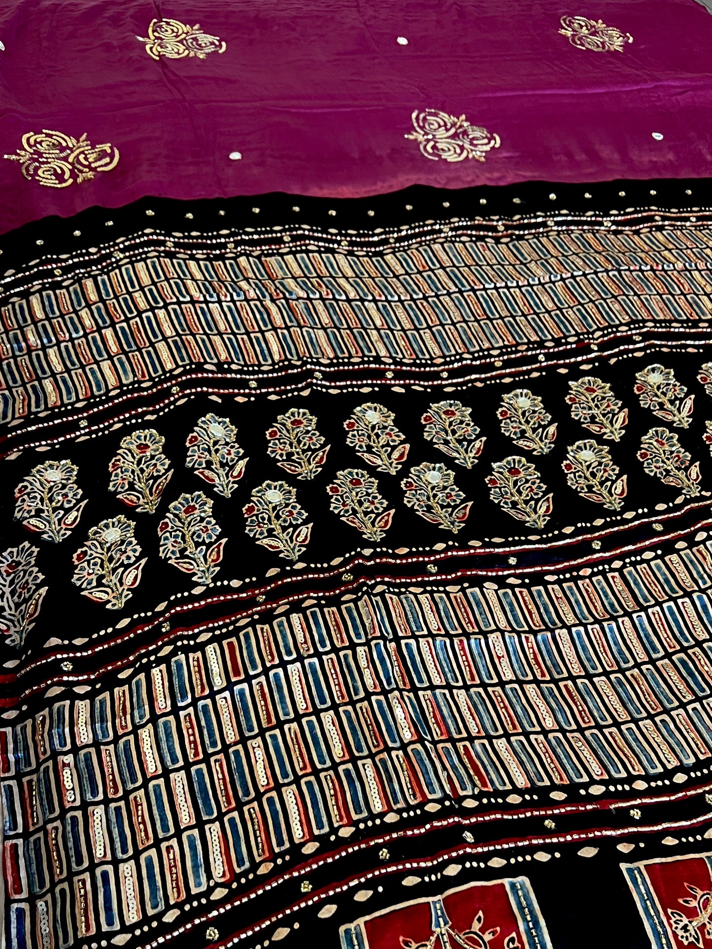 MULBERRY ROSE - Pure Modal Ajrakh Hand Embroidered Saree
